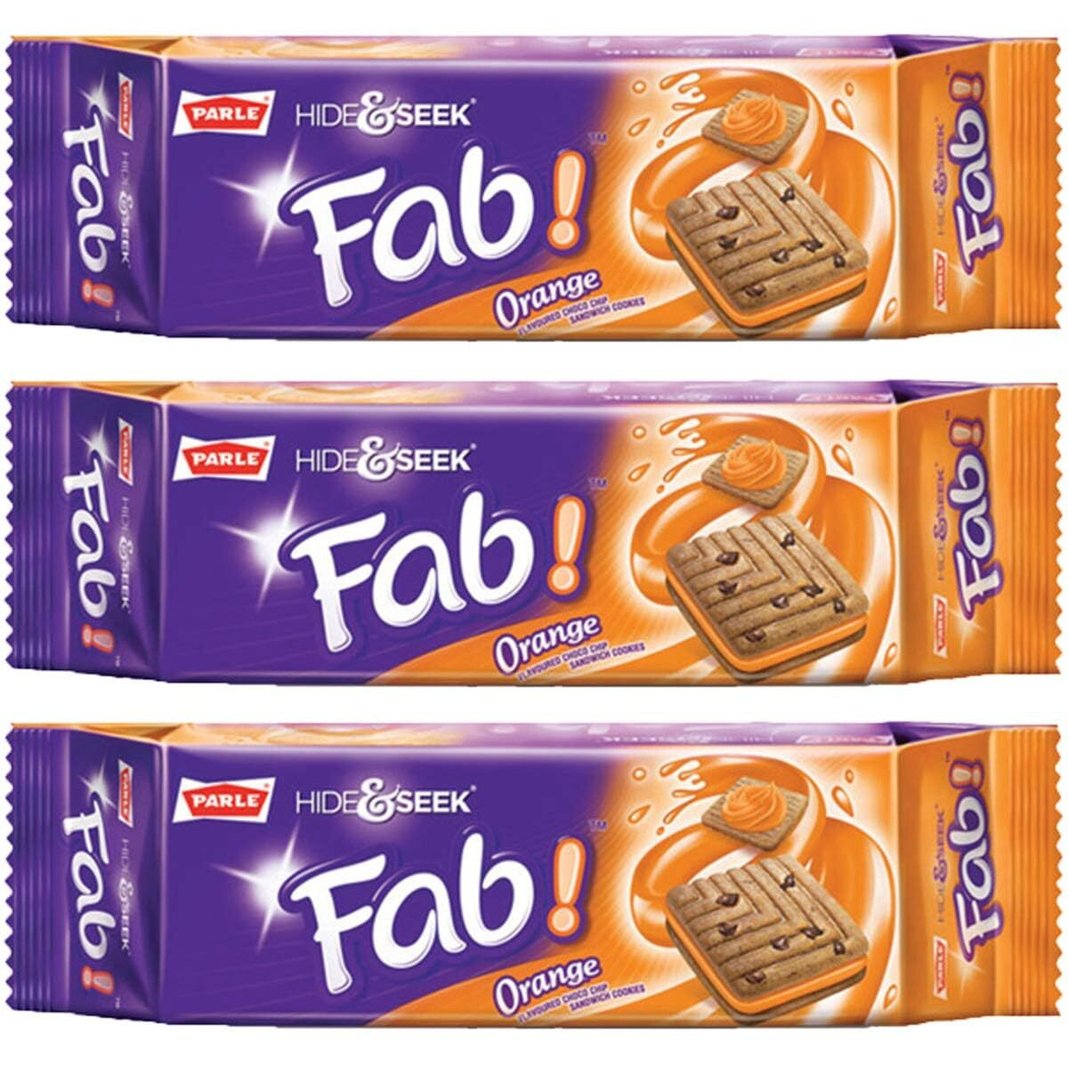 Parle Hide and Seek, Fab Flavored Chocolate Chip Covered Cookies, Product of India, 3 Packs (Orange)