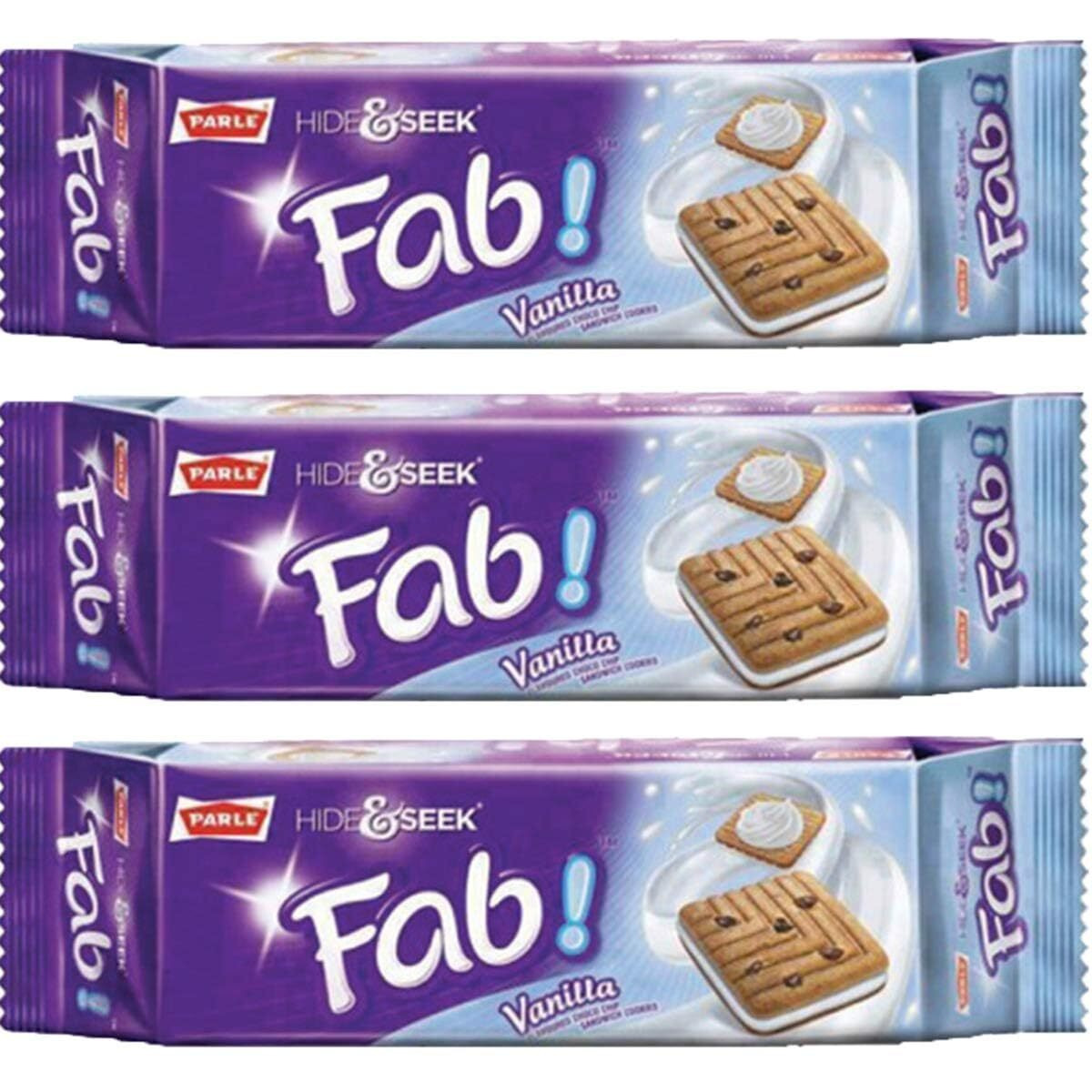 Parle Hide and Seek, Fab Flavored Chocolate Chip Covered Cookies, Product of India, 3 Packs (Vanilla)