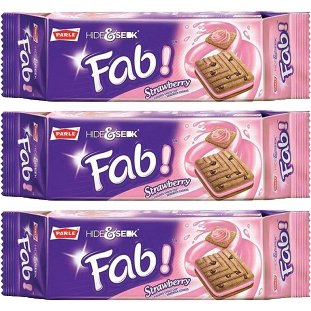 Parle Hide and Seek, Fab Flavored Chocolate Chip Covered Cookies, Product of India, 3 Packs (Strawberry)