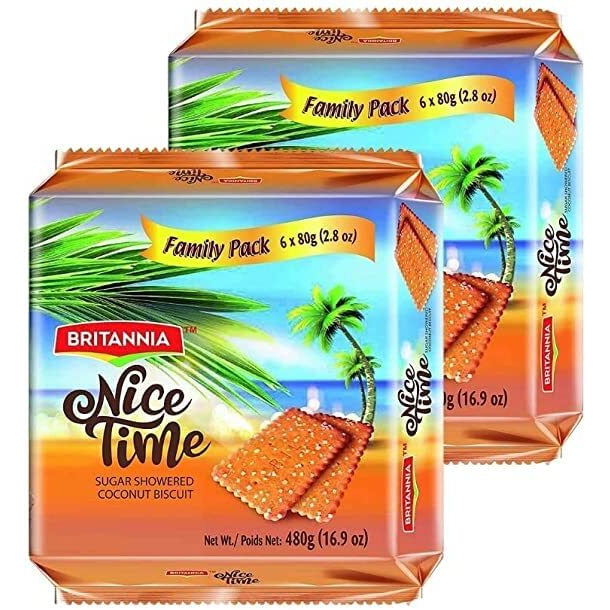 BRITANNIA Nice Time 16.9oz (480g) - Delicious Coconut Biscuit Crunchy - Kids Favorite Breakfast & Tea Time Snacks - Halal and Suitable for Vegetarians (Pack of 2)