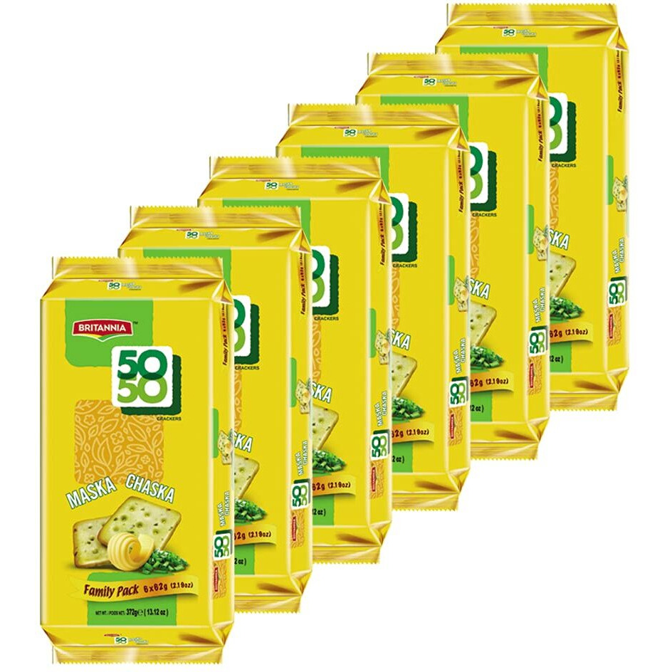 BRITANNIA Crackers 50 50 Maska Chaska Biscuit 13.12oz (372g) - Dipped in Butter and Peppered - Delicious, Light & Crispy Cookies - Suitable for Vegetarian (Pack of 6)