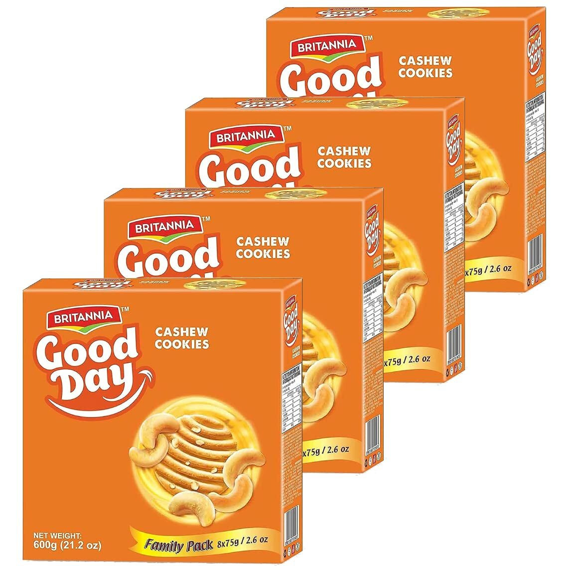 BRITANNIA Good Day Cashew Cookies Family Pack 21.2oz (600g) - Breakfast & Tea Time Snacks - Delicious Grocery Cookies - Halal and Suitable for Vegetarians (Pack of 4)