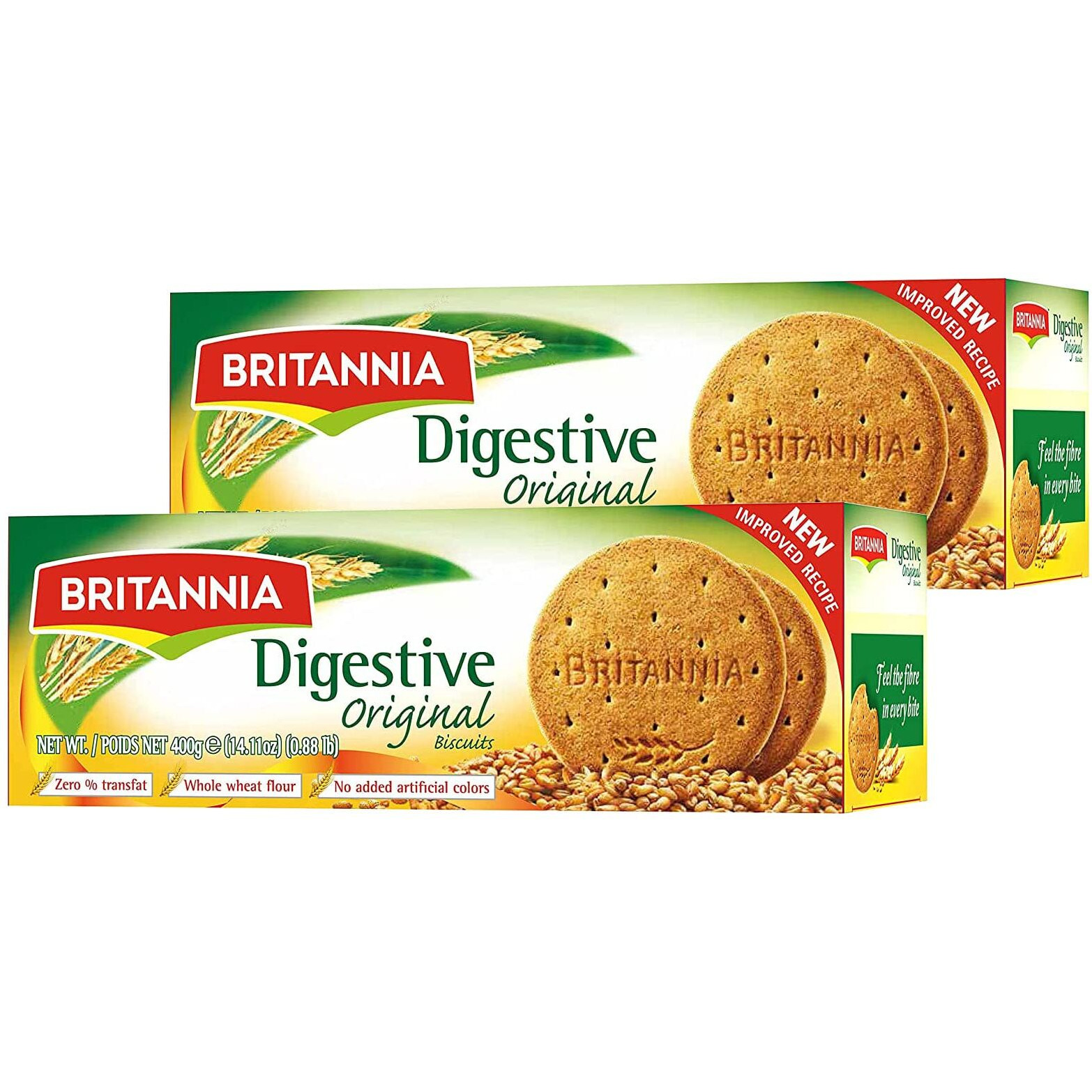 BRITANNIA Digestive Original Biscuits 14.11oz (400g) - Whole Wheat Flavor Cookies - Breakfast & Tea Time Healthy Snacks - Suitable for Vegetarians (Pack of 2)