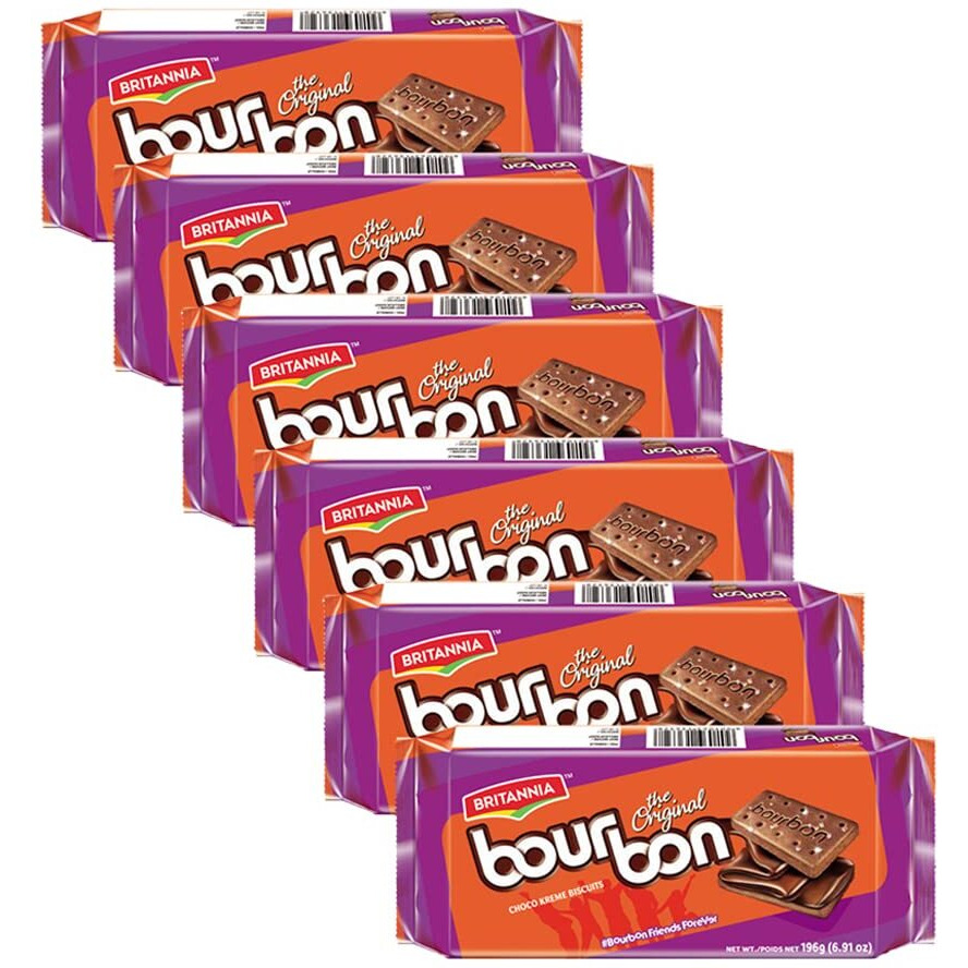 BRITANNIA Bourbon the Original - Choco Creme Biscuits 6.91oz (196g) - Smooth Chocolate Cream Biscuits for Breakfast & Snacks - Topped with Sugar Crystals (Pack of 6)