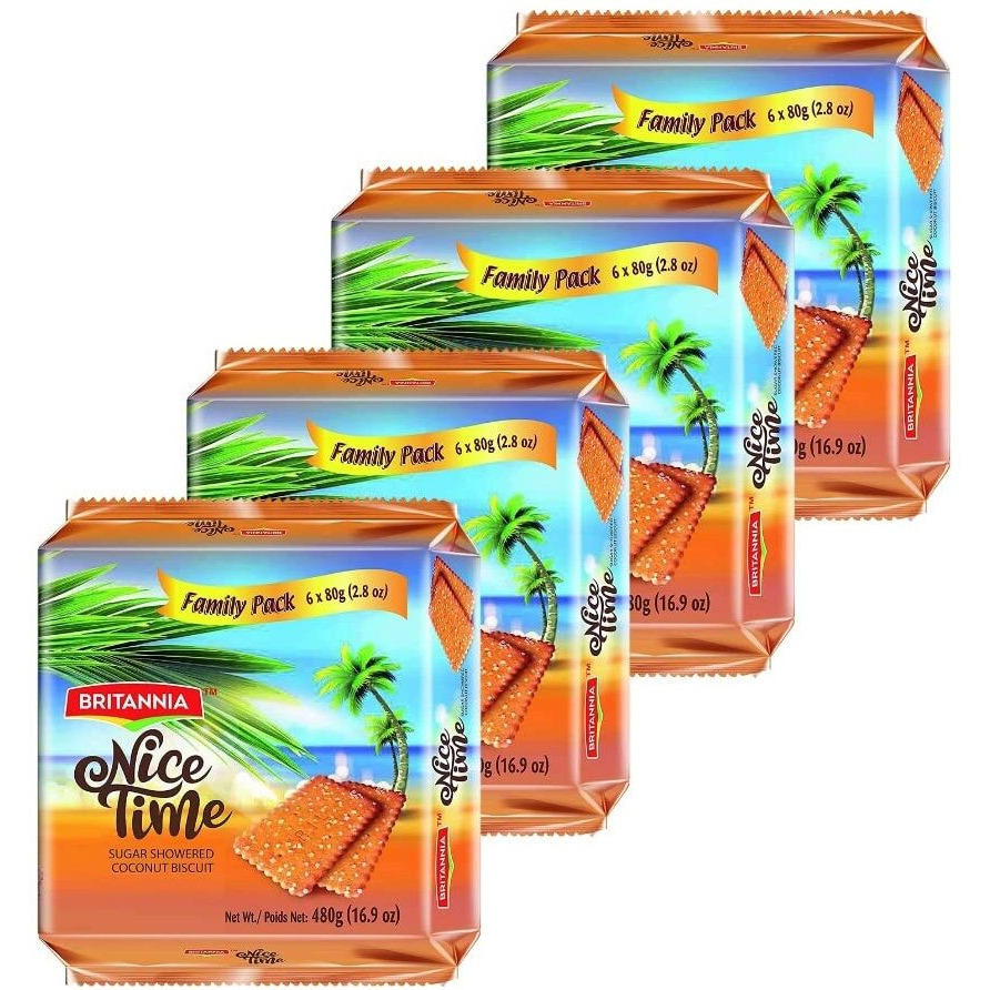 BRITANNIA Nice Time 16.9oz (480g) - Delicious Coconut Biscuit Crunchy - Kids Favorite Breakfast & Tea Time Snacks - Halal and Suitable for Vegetarians (Pack of 4)