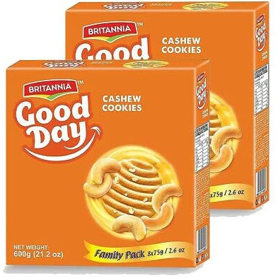 BRITANNIA Good Day Cashew Cookies Family Pack 21.2oz (600g) - Breakfast & Tea Time Snacks - Delicious Grocery Cookies - Halal and Suitable for Vegetarians (Pack of 2)