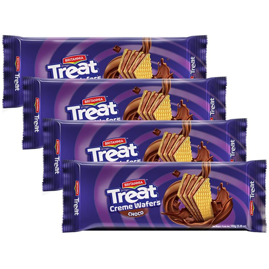 BRITANNIA Treat Choco Creame Wafers 5.29oz (150g) - Breakfast & Tea Time Snacks - Crunchy, Healthy and Delicious - Suitable for Vegetarians (Pack of 4)