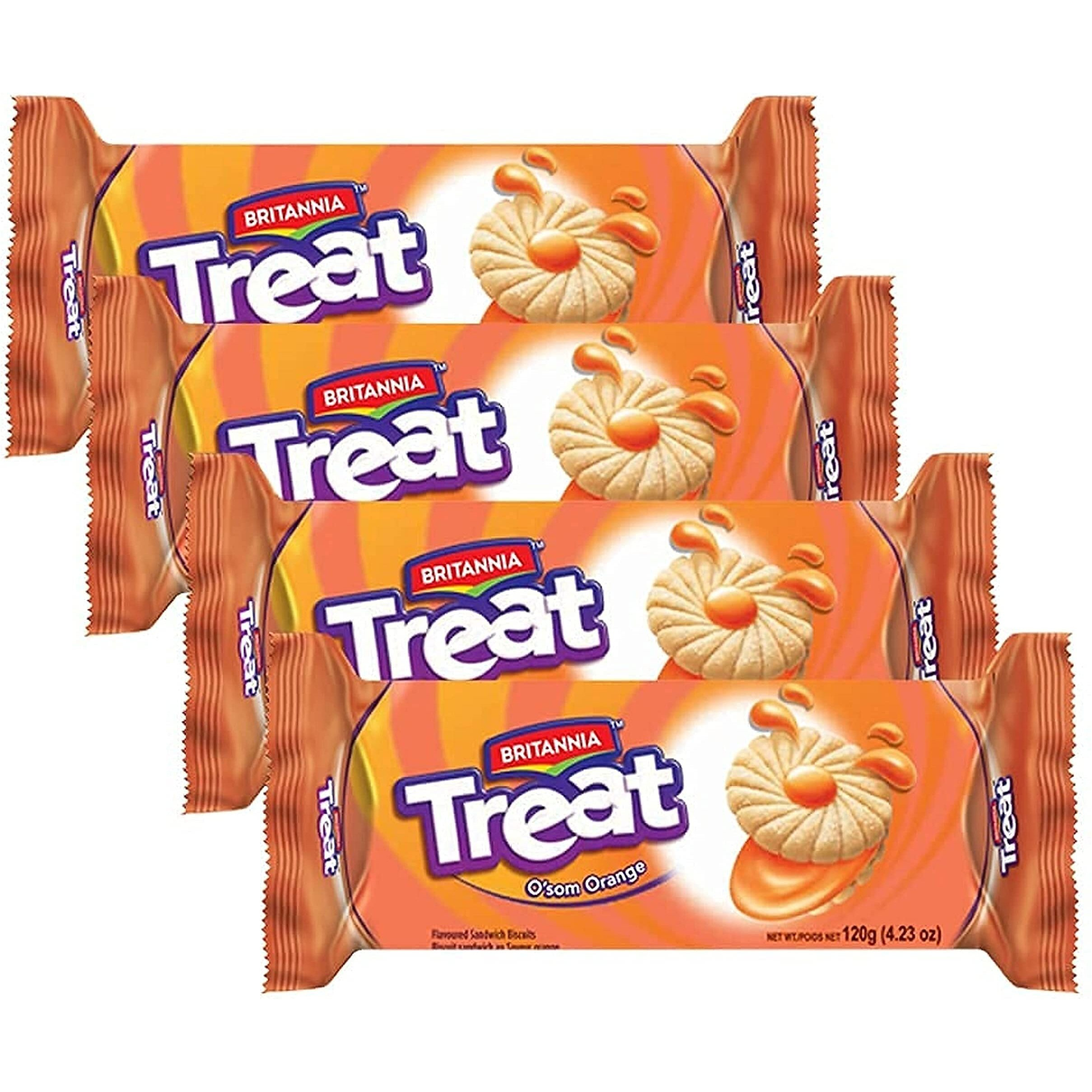 BRITANNIA Treat O'som Orange Sandwich Biscuits 4.23oz (120g) - Breakfast & Tea Time Snacks - Delicious Grocery Cookies - Suitable for Vegetarians (Pack of 4)