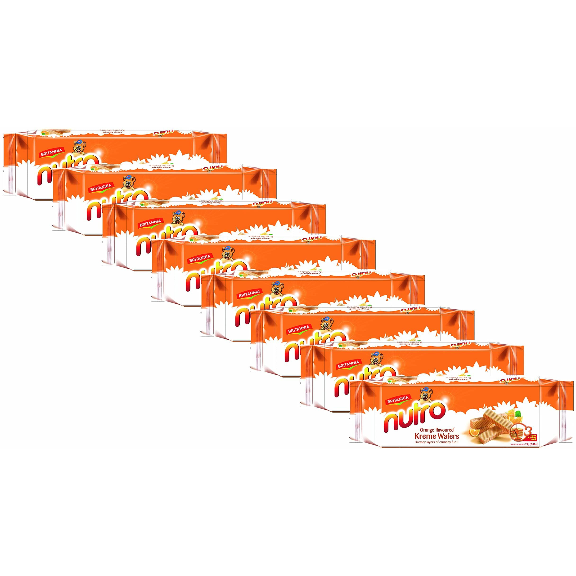 BRITANNIA Nutro Wafers Orange 2.65oz (75g) - Healthy Breakfast & Tea Time Snacks - Orange Flavoured Cream Wafer - Suitable for Vegetarians (Pack of 8)