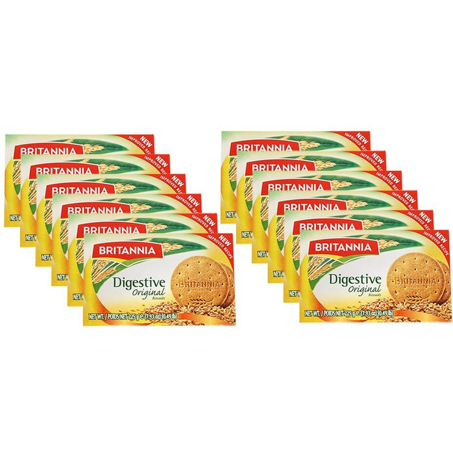 BRITANNIA Digestive Original Biscuits 7.93oz (225g) - Whole Wheat Flavor Cookies - Breakfast & Tea Time Healthy Snacks - Suitable for Vegetarians (Pack of 12)