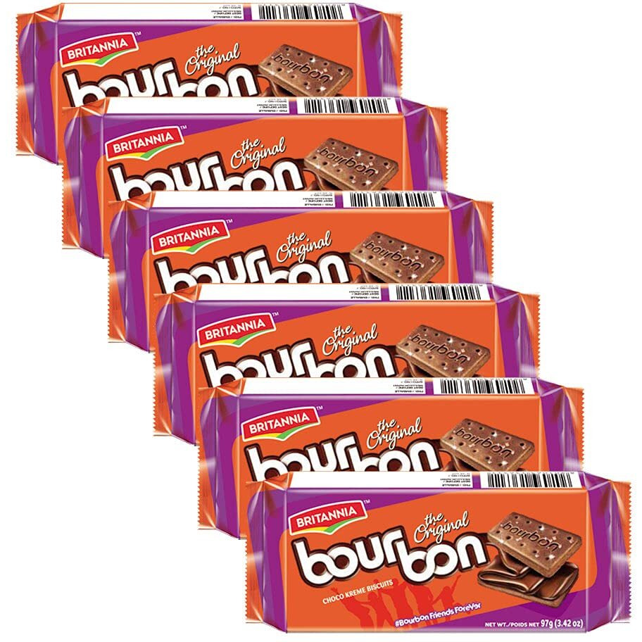 BRITANNIA Bourbon the Original - Choco Creme Biscuits 3.42oz (97g) - Smooth Chocolate Cream Biscuits for Breakfast & Snacks - Topped with Sugar Crystals (Pack of 6)