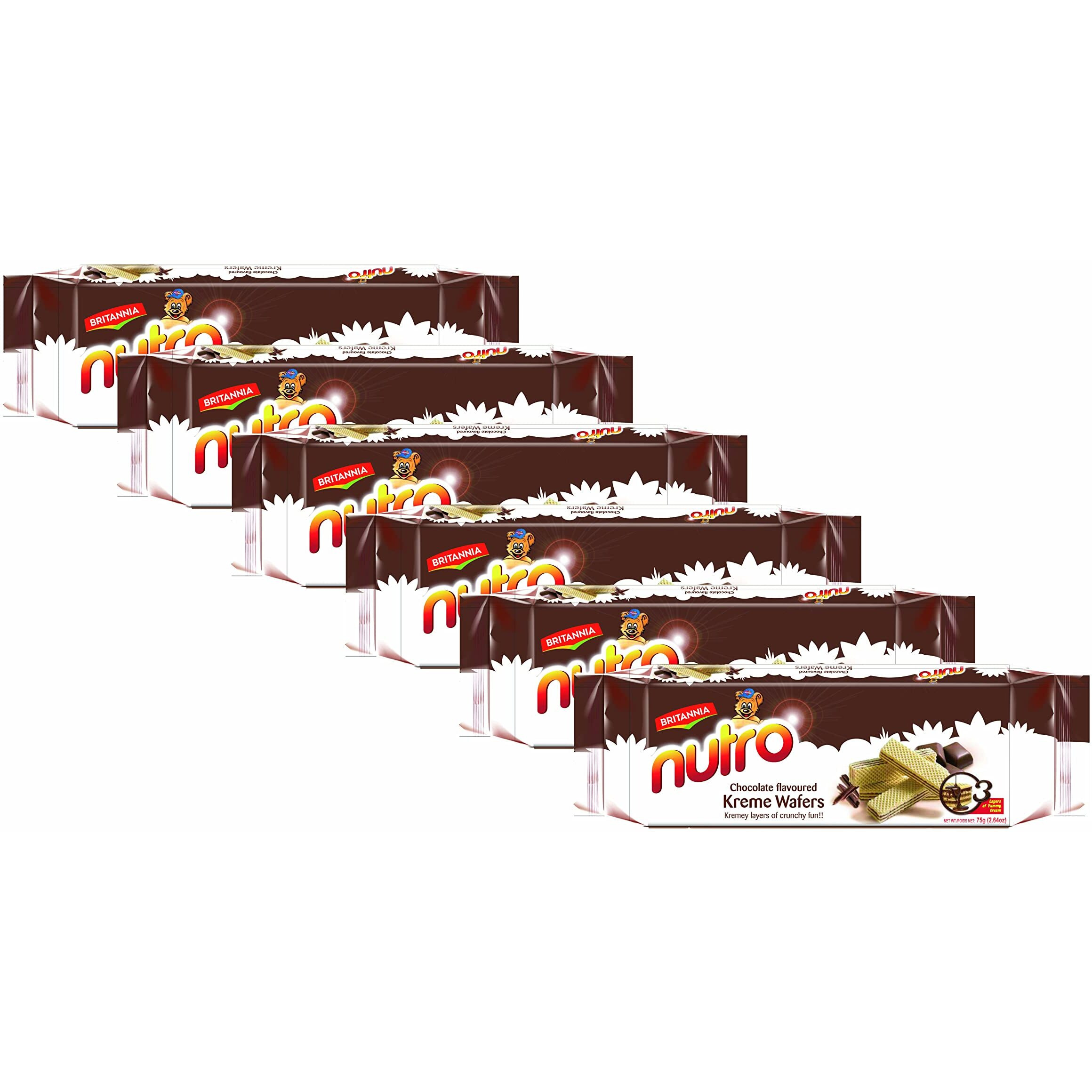 BRITANNIA Nutro Chocolate Cream Wafers 2.64oz (75g) - Healthy Breakfast & Tea Time Snacks - Dessert Chocolate Cream Wafer - Suitable for Vegetarians (Pack of 6)