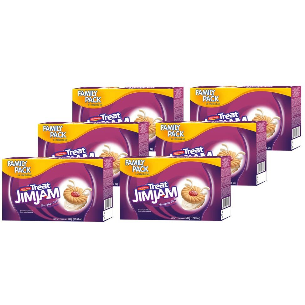 Britannia Treat Naughty Jim Jam Sandwich Biscuits 17.62oz (500g) - Breakfast & Tea Time Snacks - Delicious Grocery Cookies - Suitable for Vegetarians (Pack of 6)