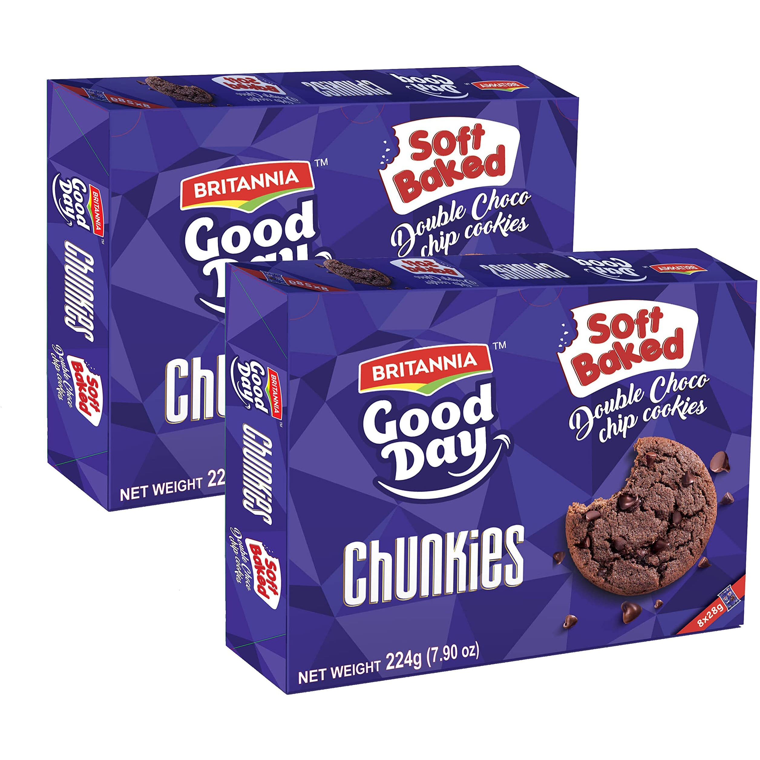 BRITANNIA Good Day Chunkies 7.90oz (224g) - Soft Baked Double Chocochips Cookies - Healthy, Delicious & Crispy - Halal and Suitable for Vegetarians (Pack of 2)