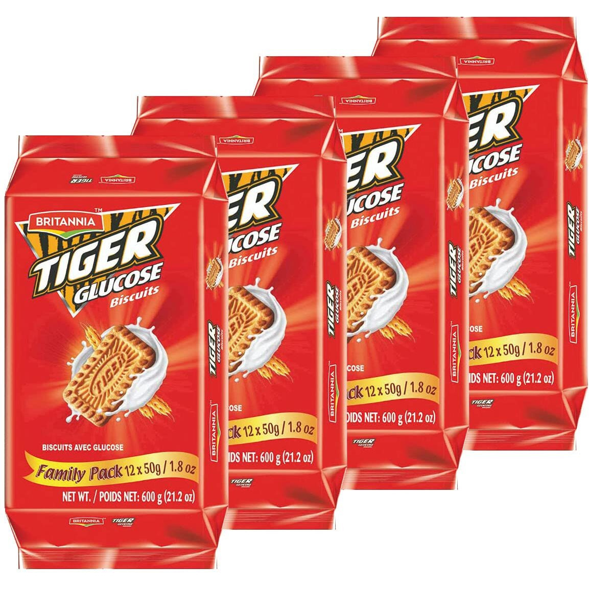 BRITANNIA Tiger Glucose Biscuits Family Pack 21.2oz (600g) - Healthy & Delicious - Kids Breakfast & Tea Time Snacks - Halal and Suitable for Vegetarians (Pack of 4)