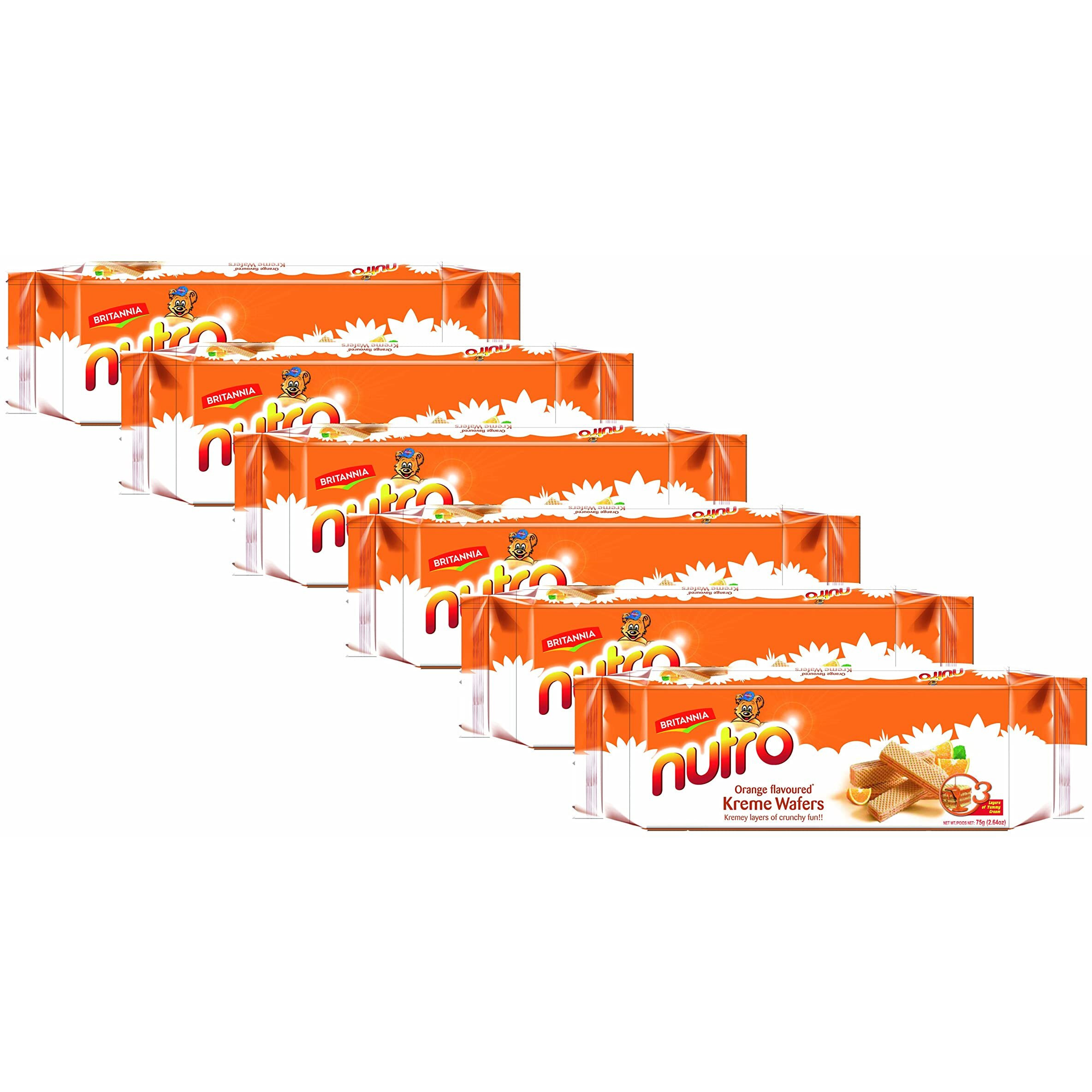 BRITANNIA Nutro Wafers Orange 2.65oz (75g) - Healthy Breakfast & Tea Time Snacks - Orange Flavoured Cream Wafer - Suitable for Vegetarians (Pack of 6)