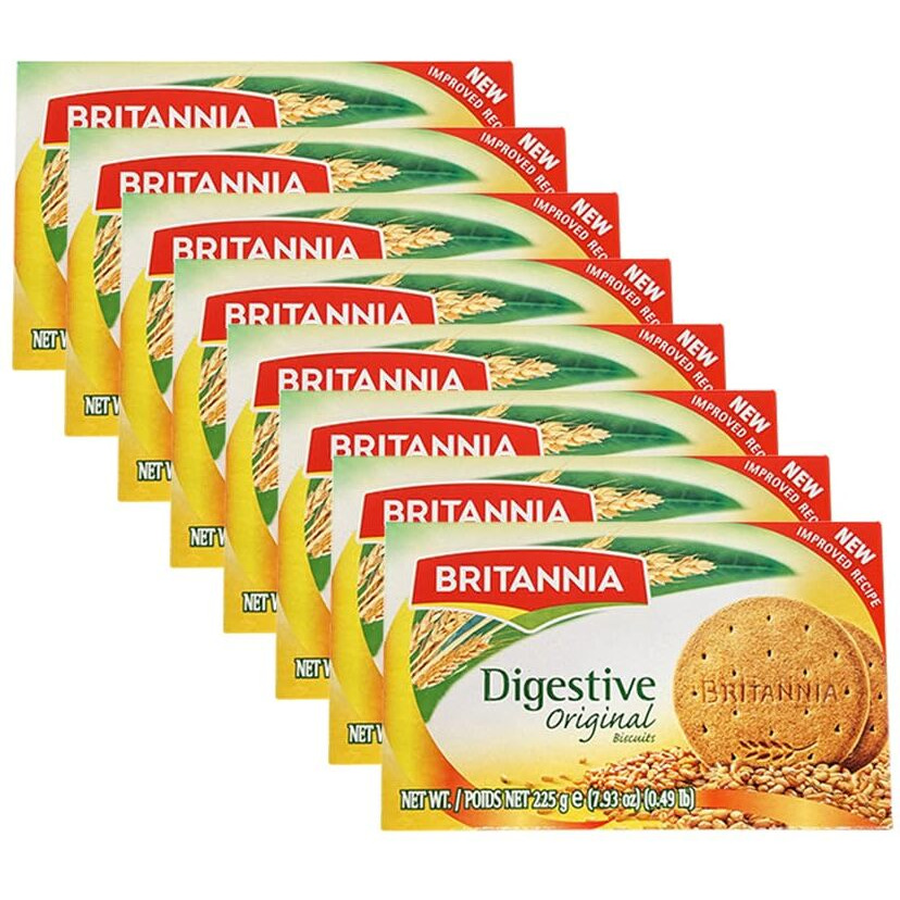 BRITANNIA Digestive Original Biscuits 7.93oz (225g) - Whole Wheat Flavor Cookies - Breakfast & Tea Time Healthy Snacks - Suitable for Vegetarians (Pack of 8)