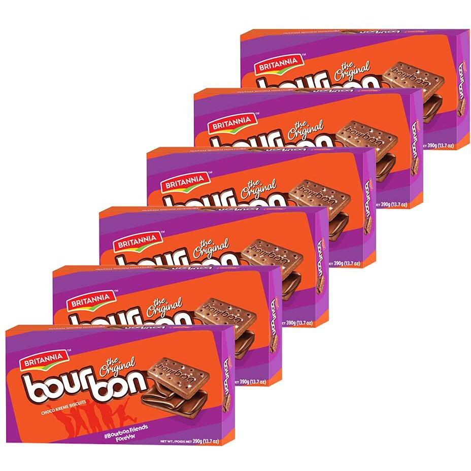 BRITANNIA Bourbon the Original - Choco Creme Biscuits 13.7oz (390g) - Smooth Chocolate Cream Biscuits for Breakfast & Snacks - Topped with Sugar Crystals (Pack of 6)