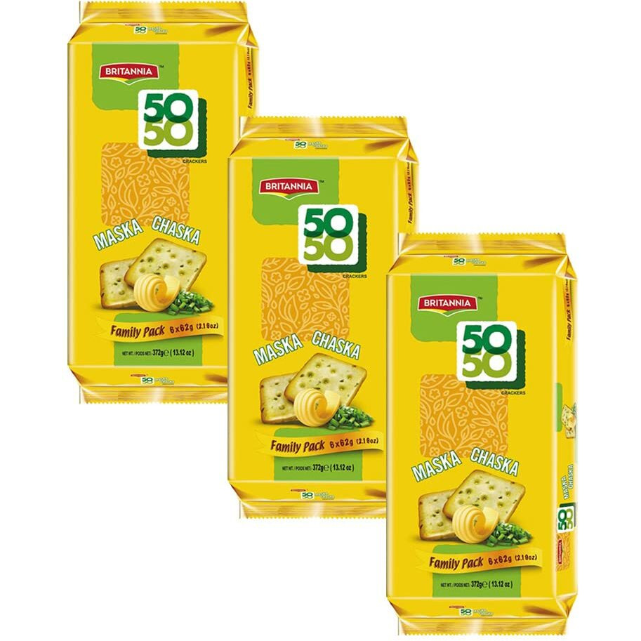 BRITANNIA Crackers 50 50 Maska Chaska Biscuit 13.12oz (372g) - Dipped in Butter and Peppered - Delicious, Light & Crispy Cookies - Suitable for Vegetarian (Pack of 3)