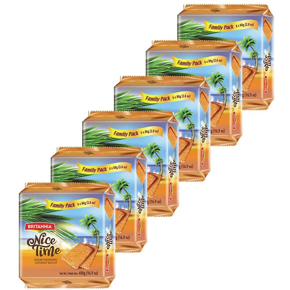 BRITANNIA Nice Time 16.9oz (480g) - Delicious Coconut Biscuit Crunchy - Kids Favorite Breakfast & Tea Time Snacks - Halal and Suitable for Vegetarians (Pack of 6)