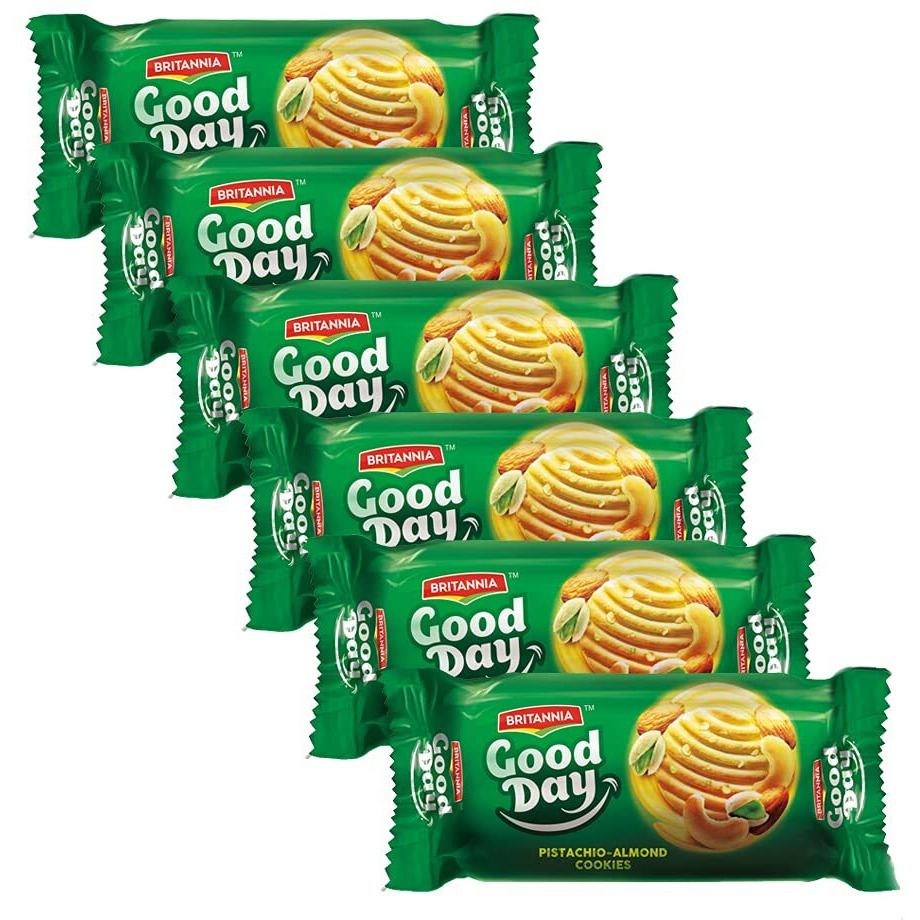 Britannia Good Day Pistachio-Almond Cookies 2.6oz (75g) - Rich and Delicious Grocery Cookies - Halal and Suitable for Vegetarian (Pack of 6)