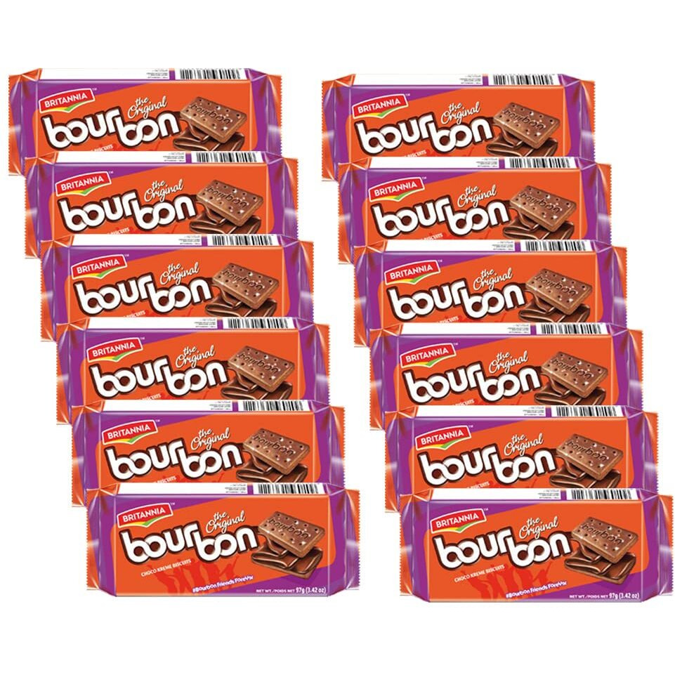 Britannia Bourbon the Original - Choco Creme Biscuits 3.42oz (97g) - Smooth Chocolate Cream Biscuits for Breakfast & Snacks - Topped with Sugar Crystals (Pack of 12)