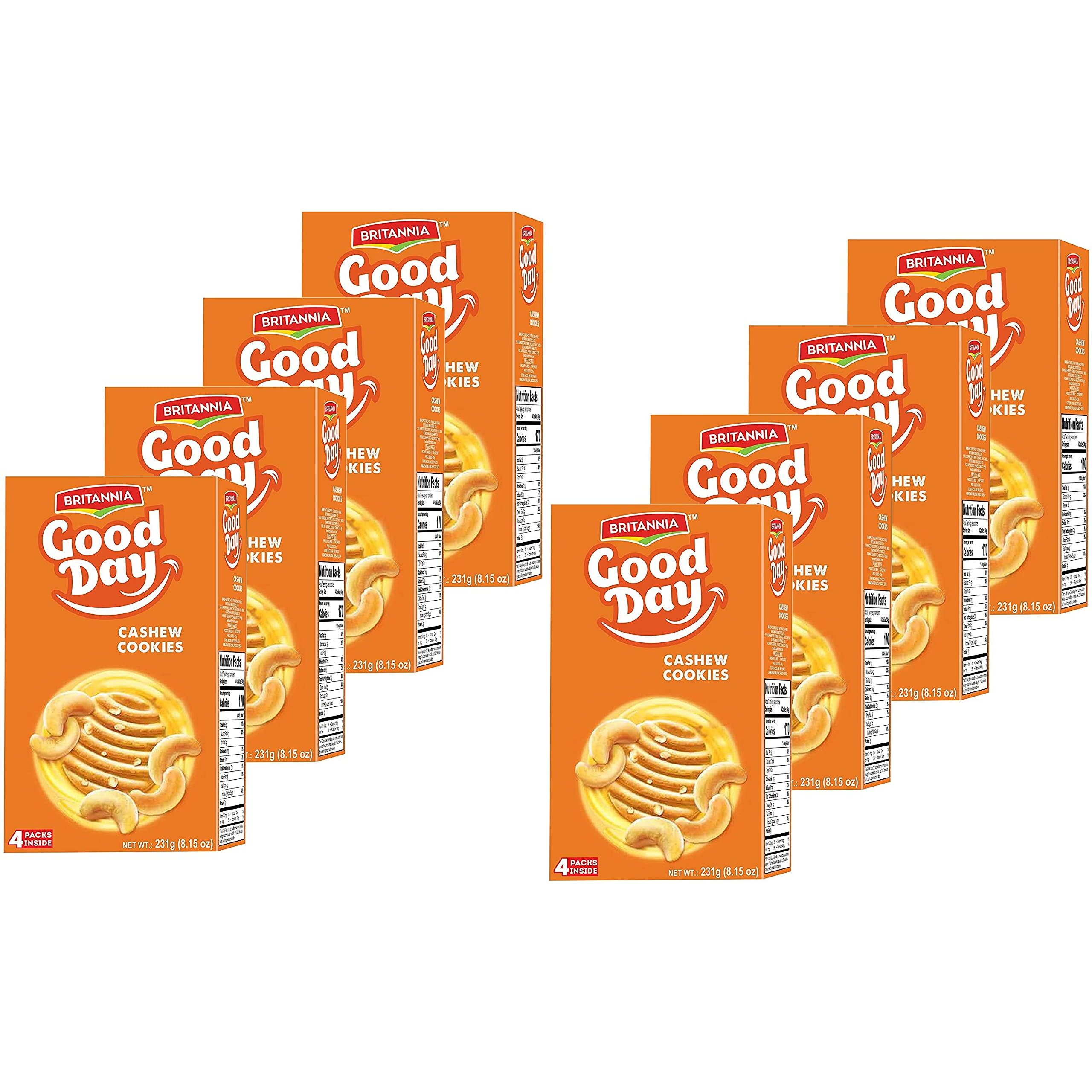 Britannia Good Day Cashew Cookies Family Pack 8.15oz (231g) - Breakfast & Tea Time Snacks - Delicious Grocery Cookies - Halal and Suitable for Vegetarians (Pack of 8)