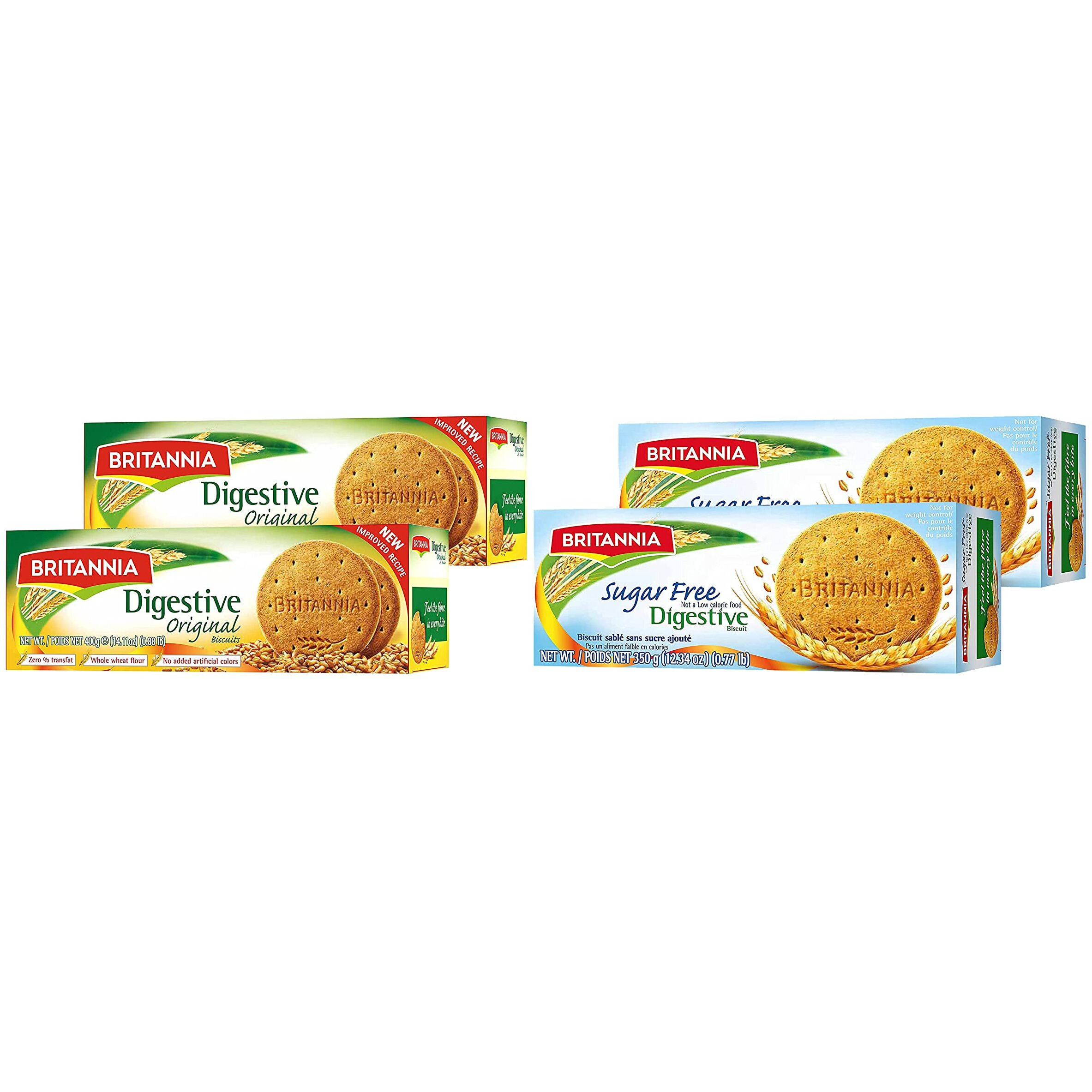 BRITANNIA Digestive Original & Sugar Free Biscuits - Variety Combo Pack - Whole Wheat Flavor Cookies - Tea Time Healthy Snacks - Suitable for Vegetarians (Pack of 2 Each)