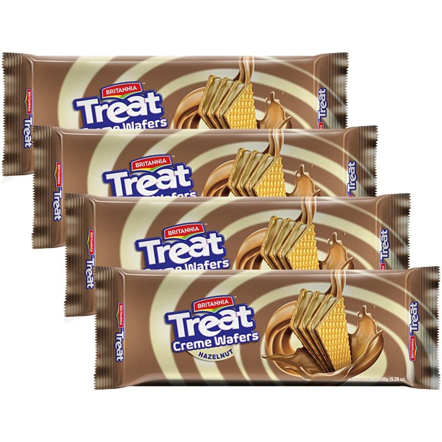 BRITANNIA Treat Wafer Hazelnut 5.29oz (150g) - Breakfast & Tea Time Snacks - Crunchy, Healthy and Delicious - Halal and Suitable for Vegetarians (Pack of 4)