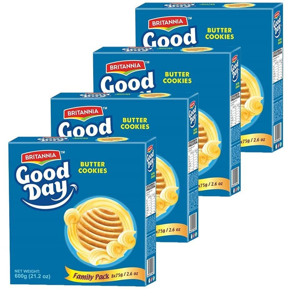 BRITANNIA Good Day Butter Cookies Family Pack 21.2oz (600g) - Breakfast & Tea Time Snacks - Delicious Grocery Cookies - Halal and Suitable for Vegetarians (Pack of 4)