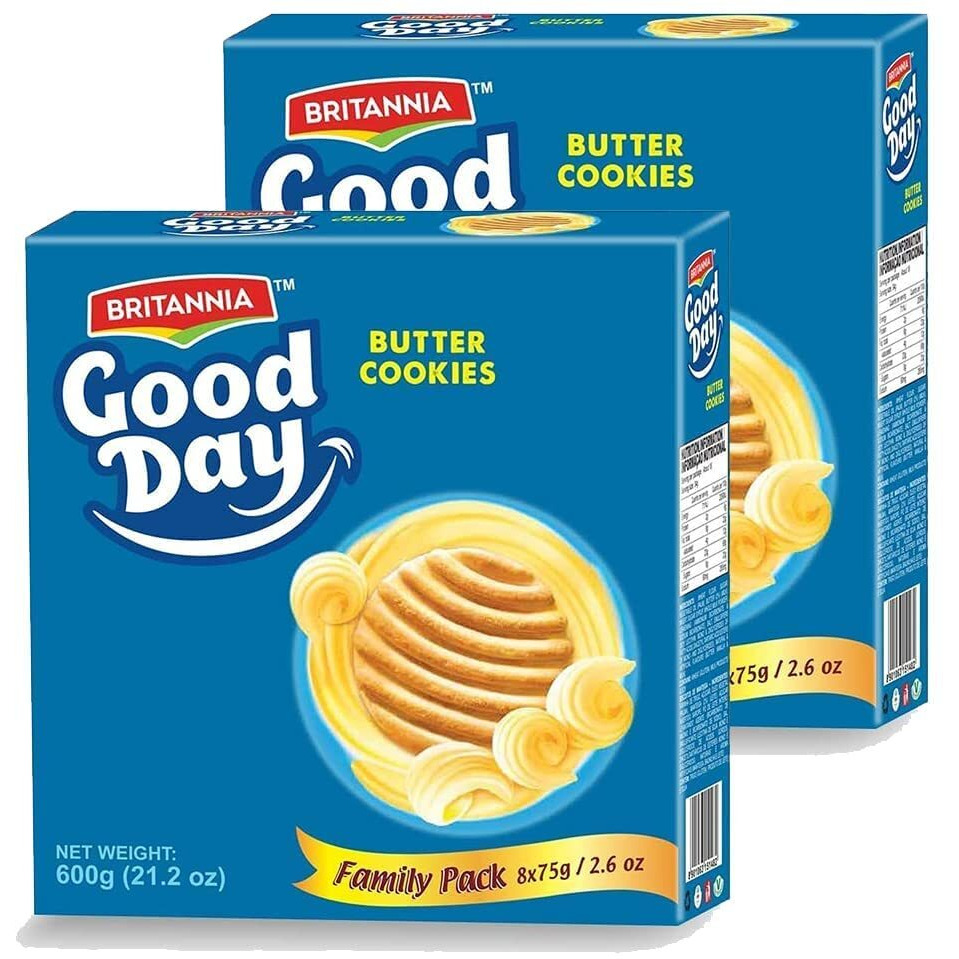 BRITANNIA Good Day Butter Cookies Family Pack 21.2oz (600g) - Breakfast & Tea Time Snacks - Delicious Grocery Cookies - Halal and Suitable for Vegetarians (Pack of 2)