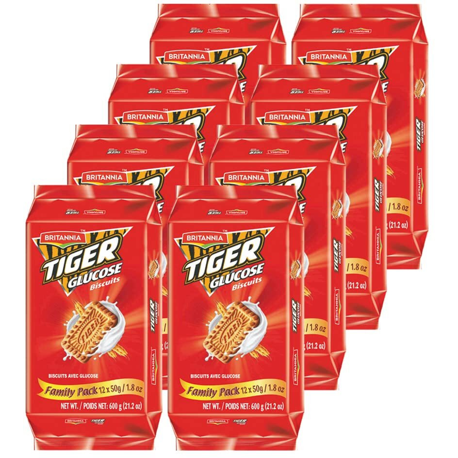 BRITANNIA Tiger Glucose Biscuits Family Pack 21.2oz (600g) - Healthy & Delicious - Kids Breakfast & Tea Time Snacks - Halal and Suitable for Vegetarians (Pack of 8)