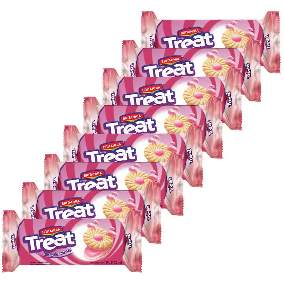 Britannia Treat Buzzy Strawberry Sandwich Biscuits 4.23oz (120g) - Breakfast & Tea Time Snacks - Delicious Grocery Cookies - Suitable for Vegetarians (Pack of 8)