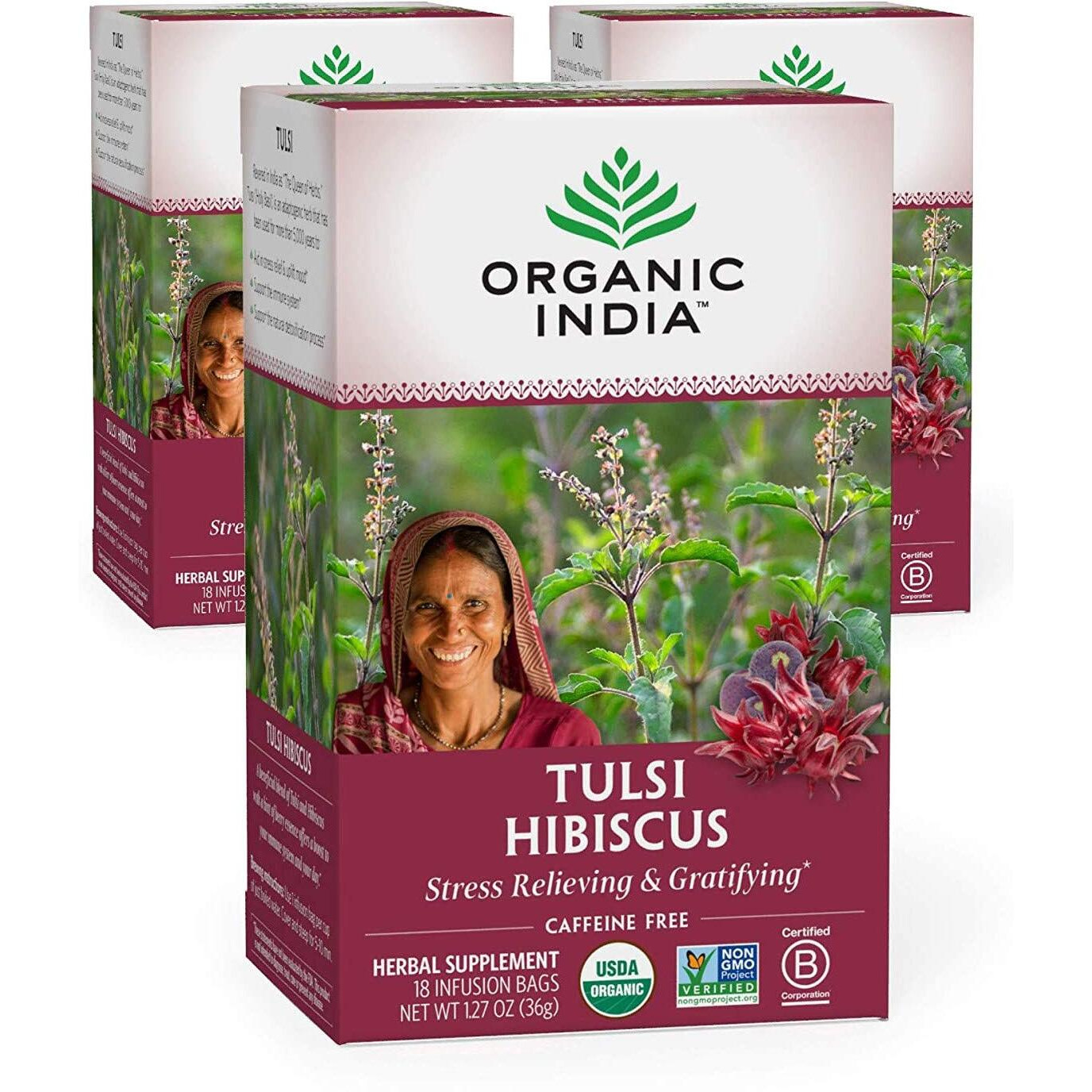 Organic India Tulsi Hibiscus Herbal Tea - Stress Relieving & Gratifying, Immune Support, Adaptogen, Vegan, USDA Certified Organic, Non-GMO, Calming, Caffeine-Free - 18 Infusion Bags, 3 Pack