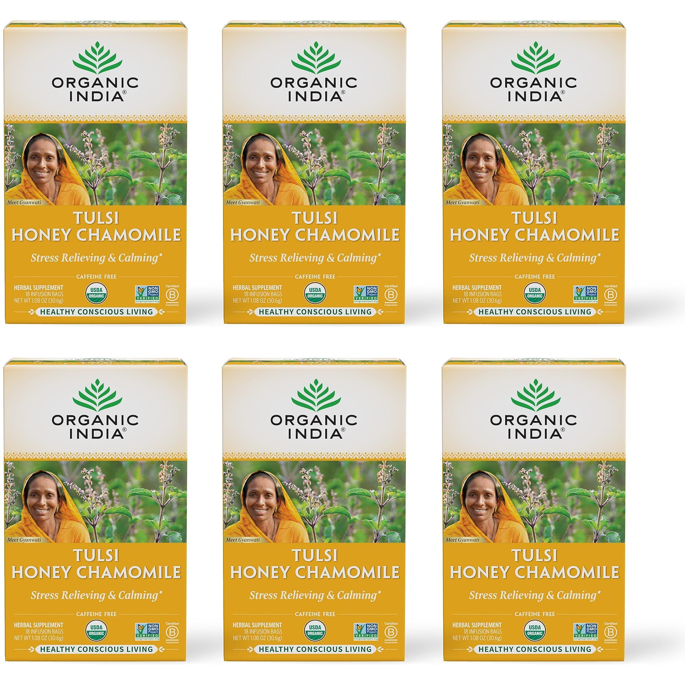 Organic India Tulsi Honey Chamomile Herbal Tea - Holy Basil, Stress Relieving & Calming, Immune Support, Adaptogen, Vegan, USDA Certified Organic, Caffeine-Free - 18 Infusion Bags, 6 Pack