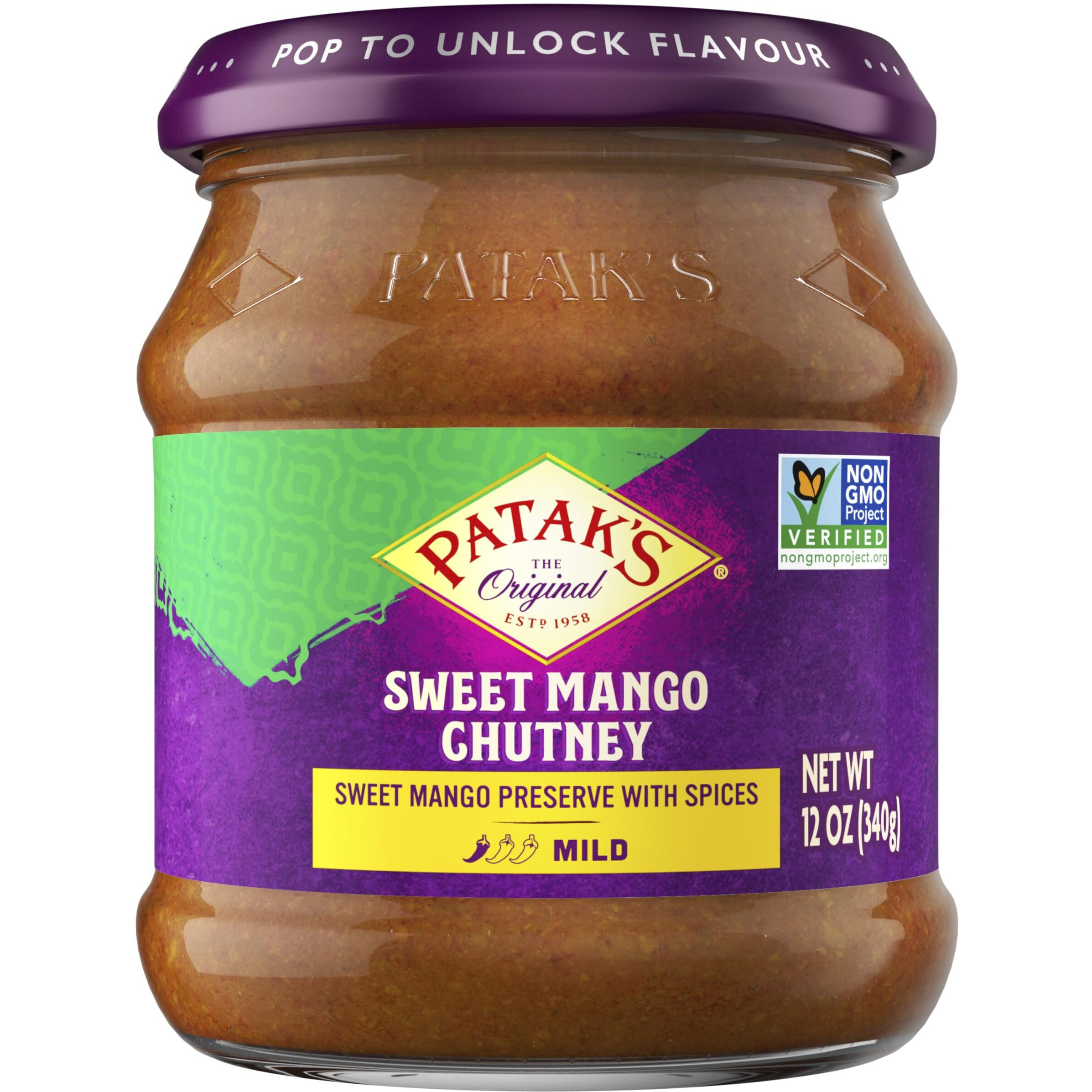 Patak's Sweet Mango Chutney - 12 Oz (Pack of 3)  With Mild Mangos, and Spices, No Artificial Flavors or Colors, Gluten Free, Vegetarian Friendly
