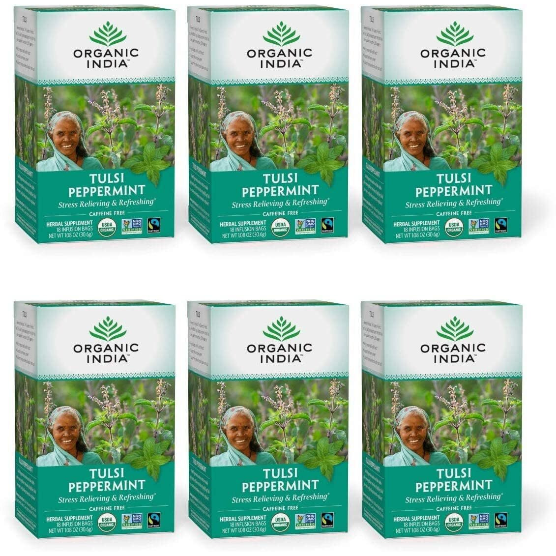 Organic India Tulsi Peppermint Herbal Tea - Holy Basil, Stress Relieving & Refreshing, Immune Support, Aids Digestion, Vegan, USDA Certified Organic, Caffeine-Free - 18 Infusion Bags, 6 Pack