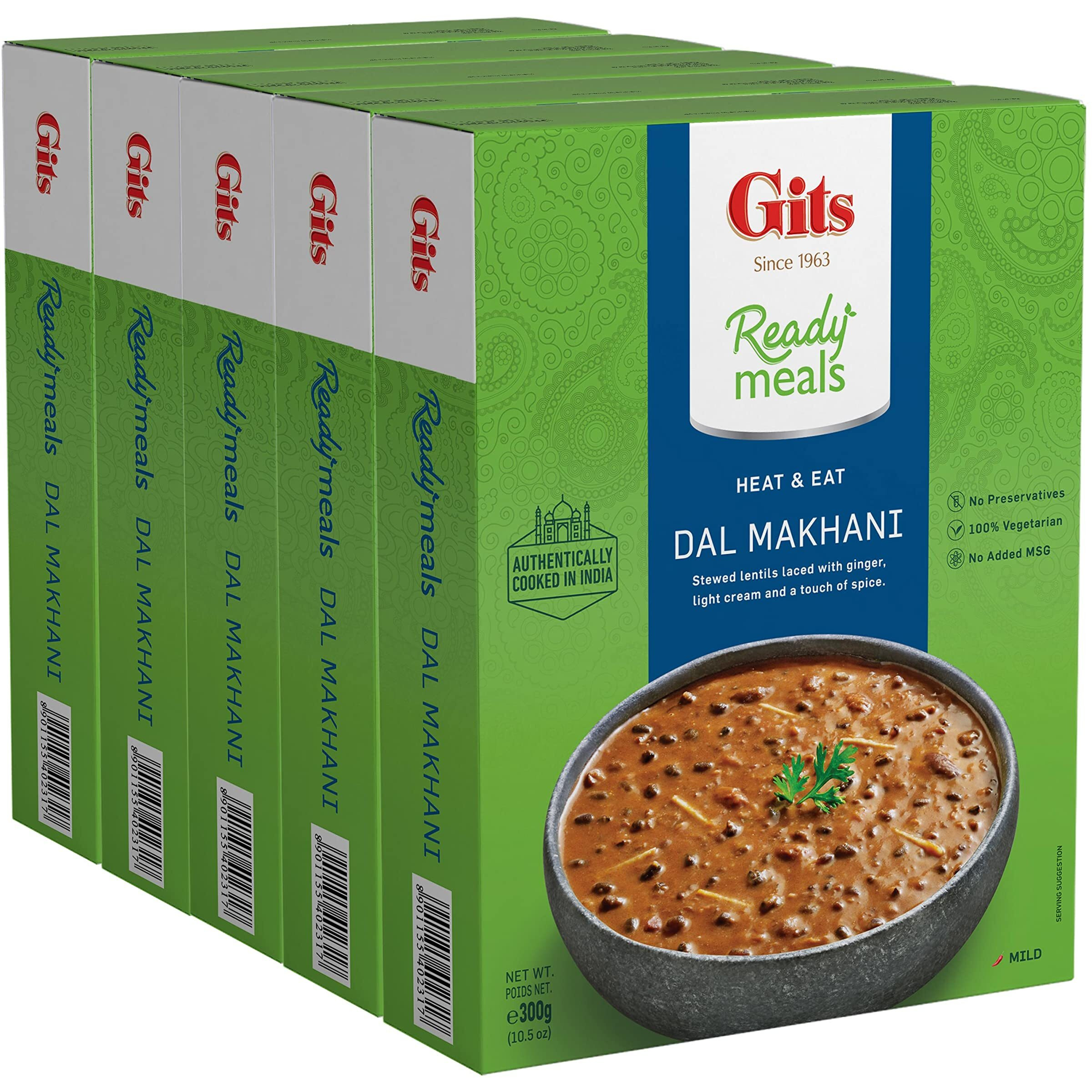 Gits Ready to Eat Dal Makhani - Indian Black & Red Lentils cooked on Tandoor for 12 hours simmered in a thick tomato & creamy base) | Vegetarian | Non-Spicy. Ready to Eat Entre | 52.5 Oz (Pack of 5 X 10.5 Oz each)