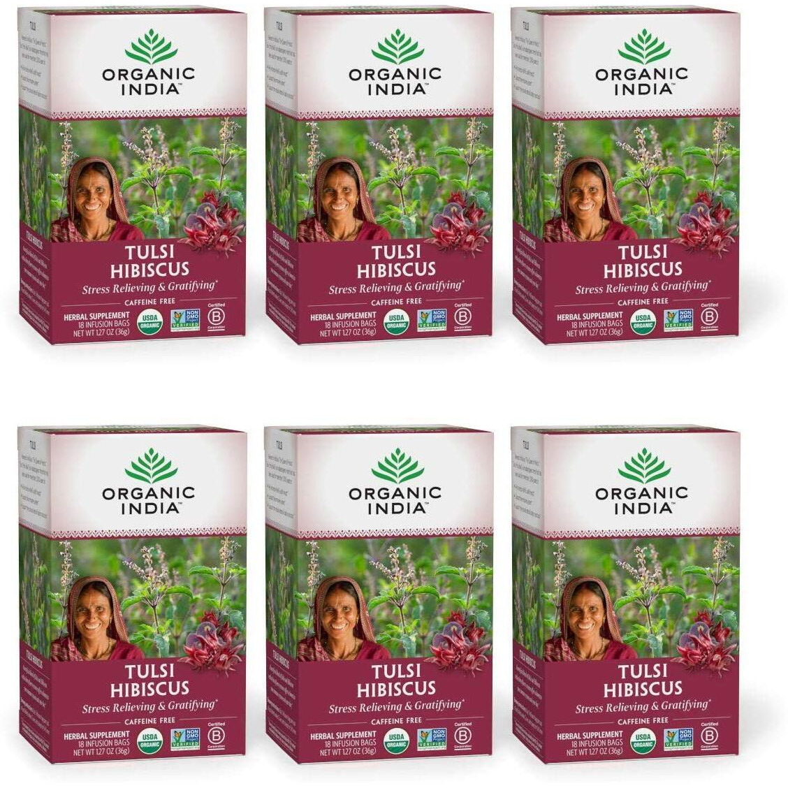 Organic India Tulsi Hibiscus Herbal Tea - Holy Basil, Stress Relieving & Gratifying, Immune Support, Adaptogen, Vegan, USDA Certified Organic, Non-GMO, Caffeine-Free - 18 Infusion Bags, 6 Pack