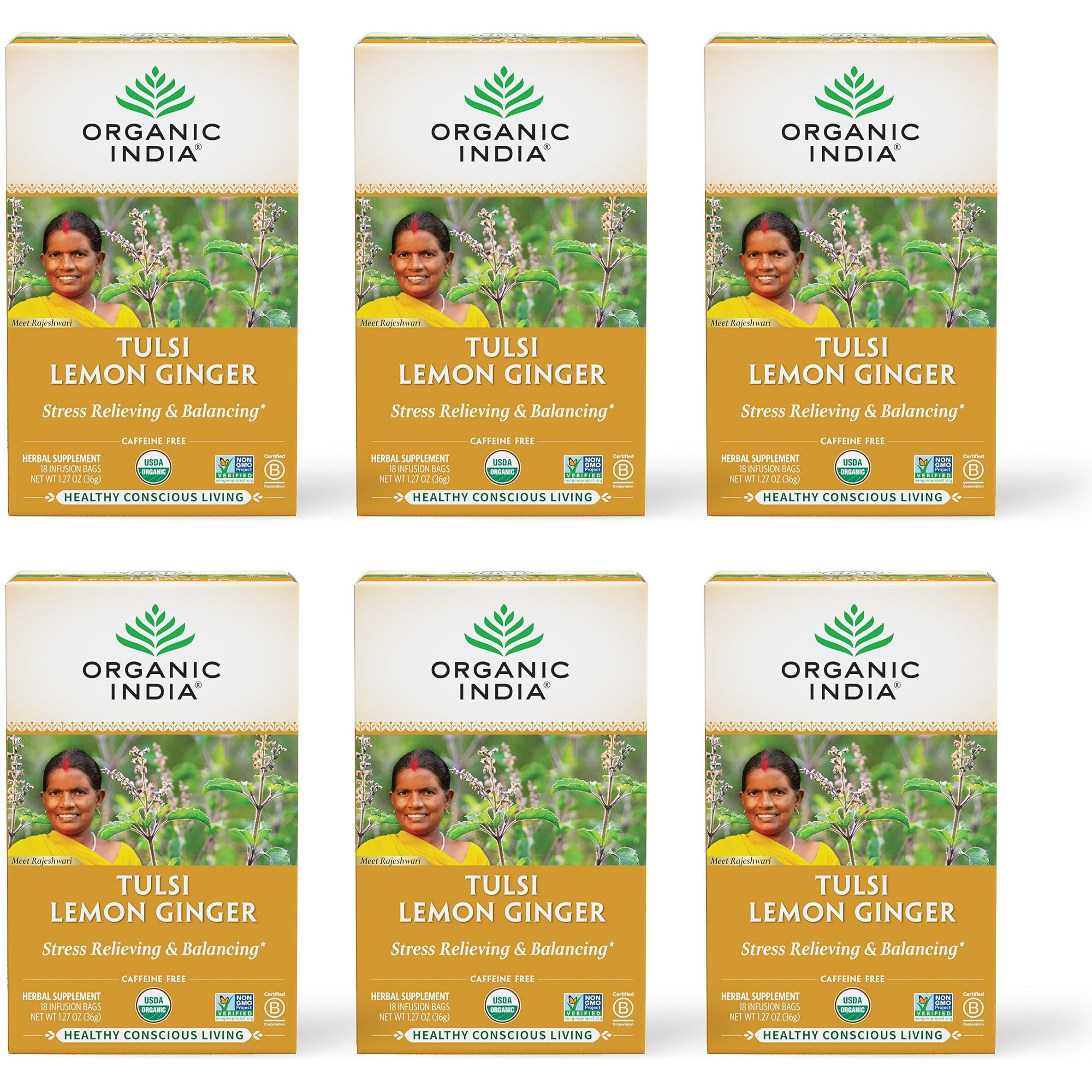 Organic India Tulsi Lemon Ginger Herbal Tea - Stress Relieving & Reviving, Immune Support, Aids Digestion, Vegan, USDA Certified Organic, Non-GMO, Caffeine-Free - 18 Infusion Bags, 6 Pack