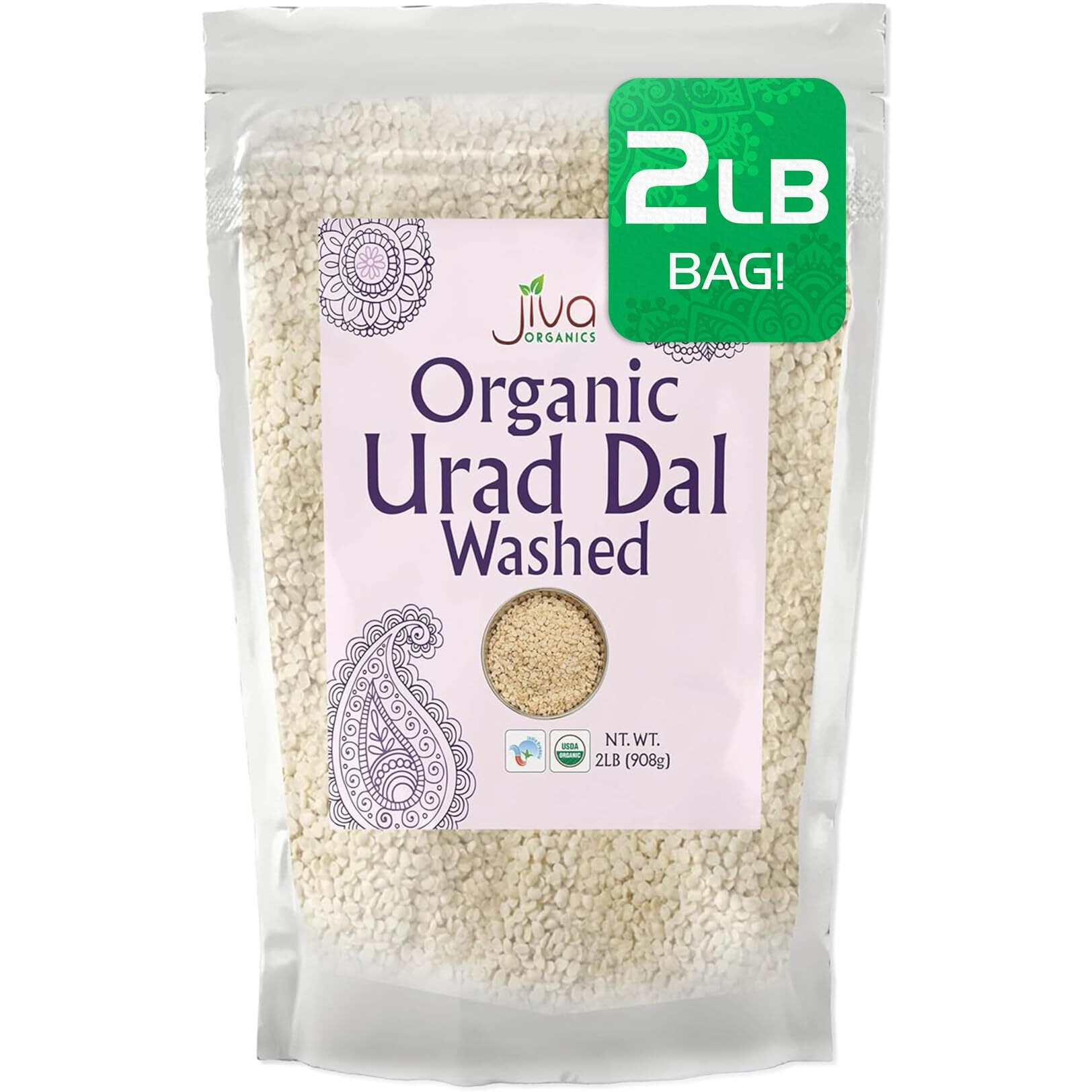 Jiva USDA Organics Urad Dal (Split Matpe Beans) 2 Pound - NEW Packaging