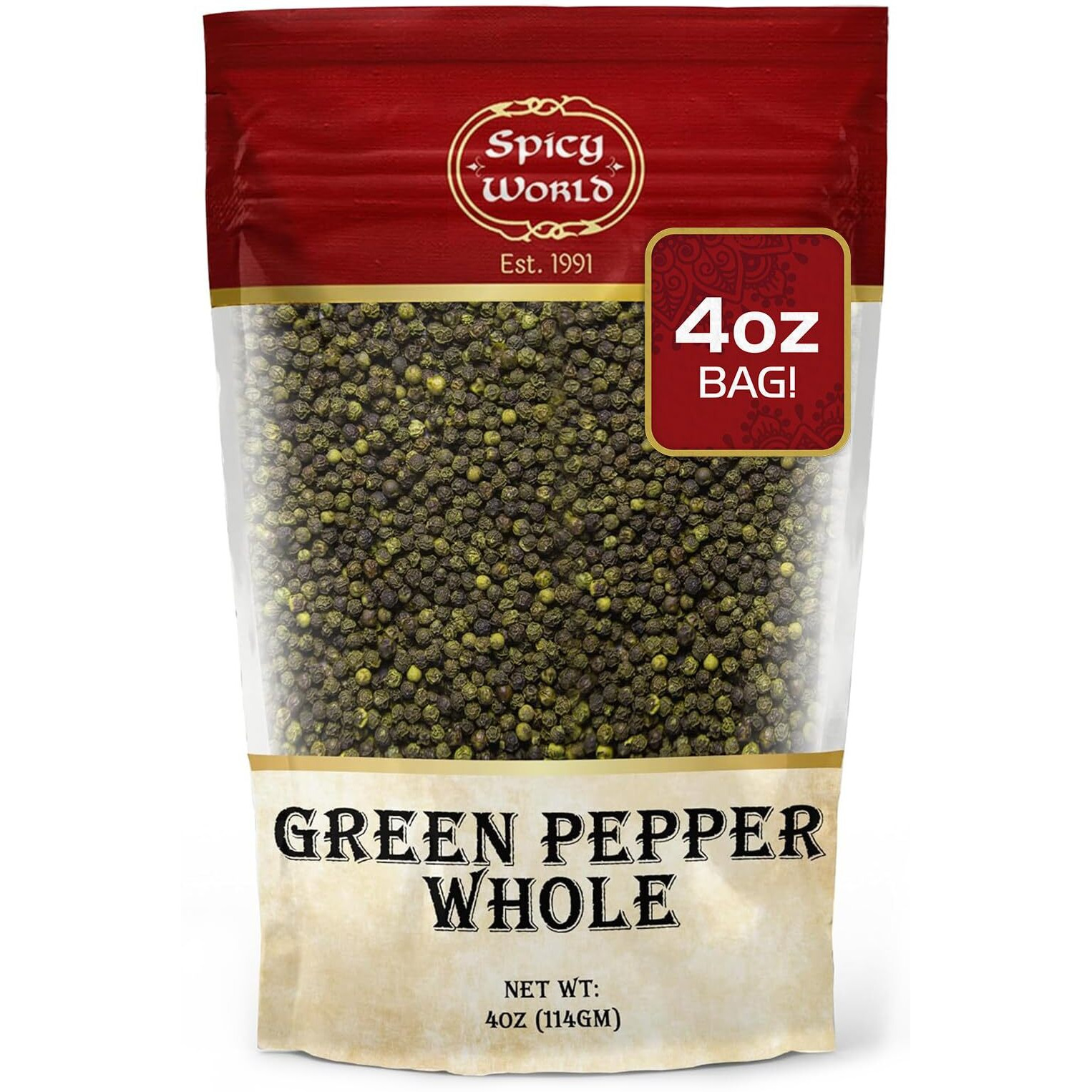 Spicy World Whole Green Peppercorns 4 Oz Bag - Steam Sterilized & All Natural