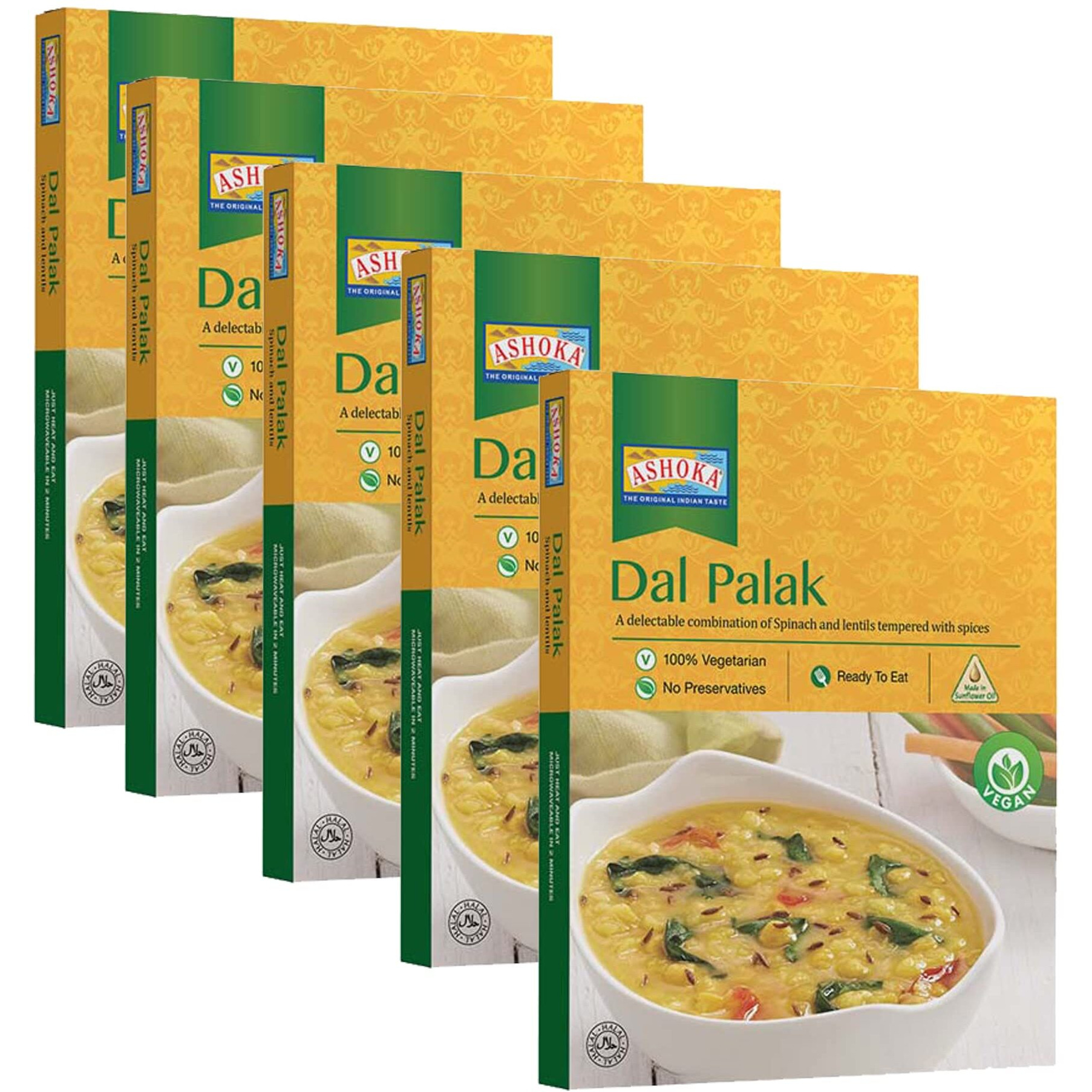 Ashoka Since 1932, All-Natural, Spinach and Lentils, Ready to Eat Meals, On the Go Prepared Meals, Traditionally Cooked Indian Food with No Preservatives, Plant-Based, Vegan Meal Pack of 5
