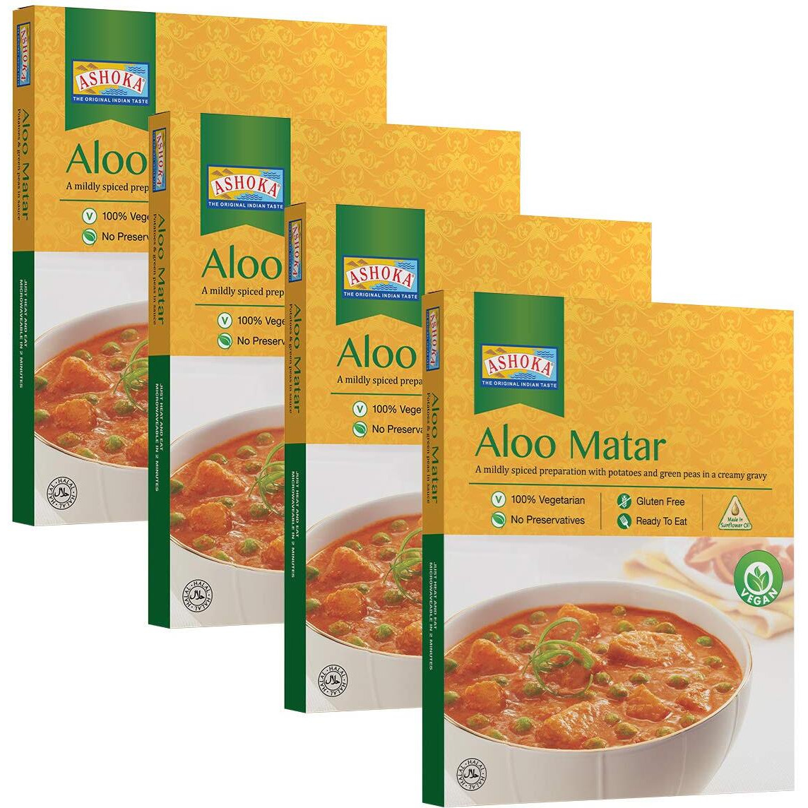 Ashoka Ready to Eat Indian Meals Since 1930, 100% Vegan Aloo Matar, All-Natural Traditionally Cooked Indian Food, Plant-Based, Gluten-Free and with No Preservatives, 10 Ounce
