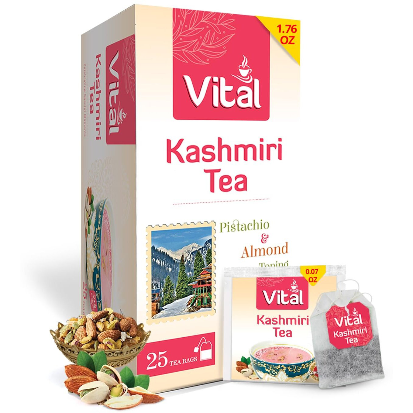 Kashmiri Tea - Count of 25 Green Tea Bags, Flavourful Taste of Green Tea, Freshly and Carefully Packed with Original Taste of Kashmiri Chai, Aromatic & Soothing Tea Beverages by Vital Products