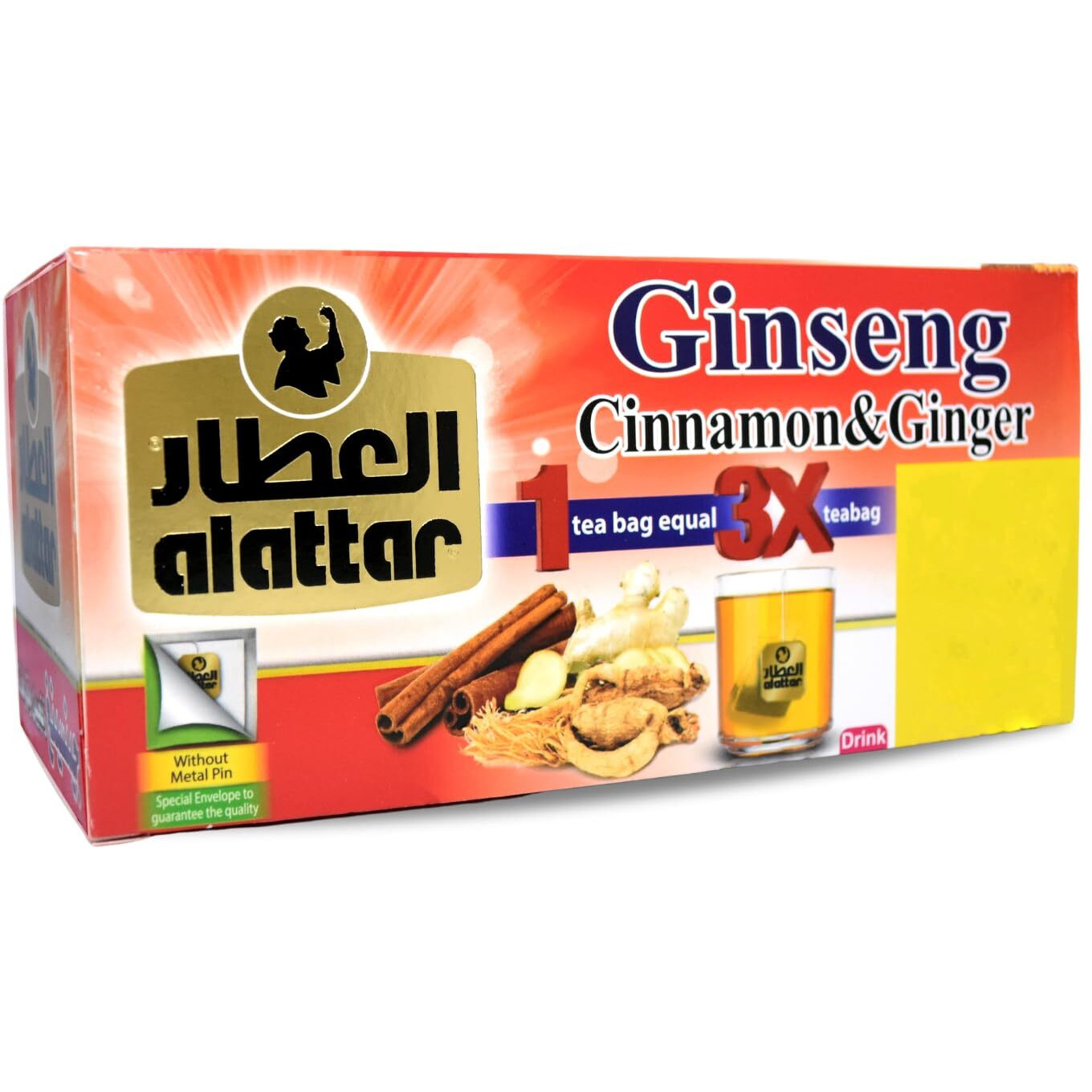 AlAttar Natural Drink Ginseng Cinnamon & Ginger Herbal Tea Bags Herb Herbs Non Gmo No Caffeine No Additives No Artificial Coloring Kosher Halal (20 Bag)