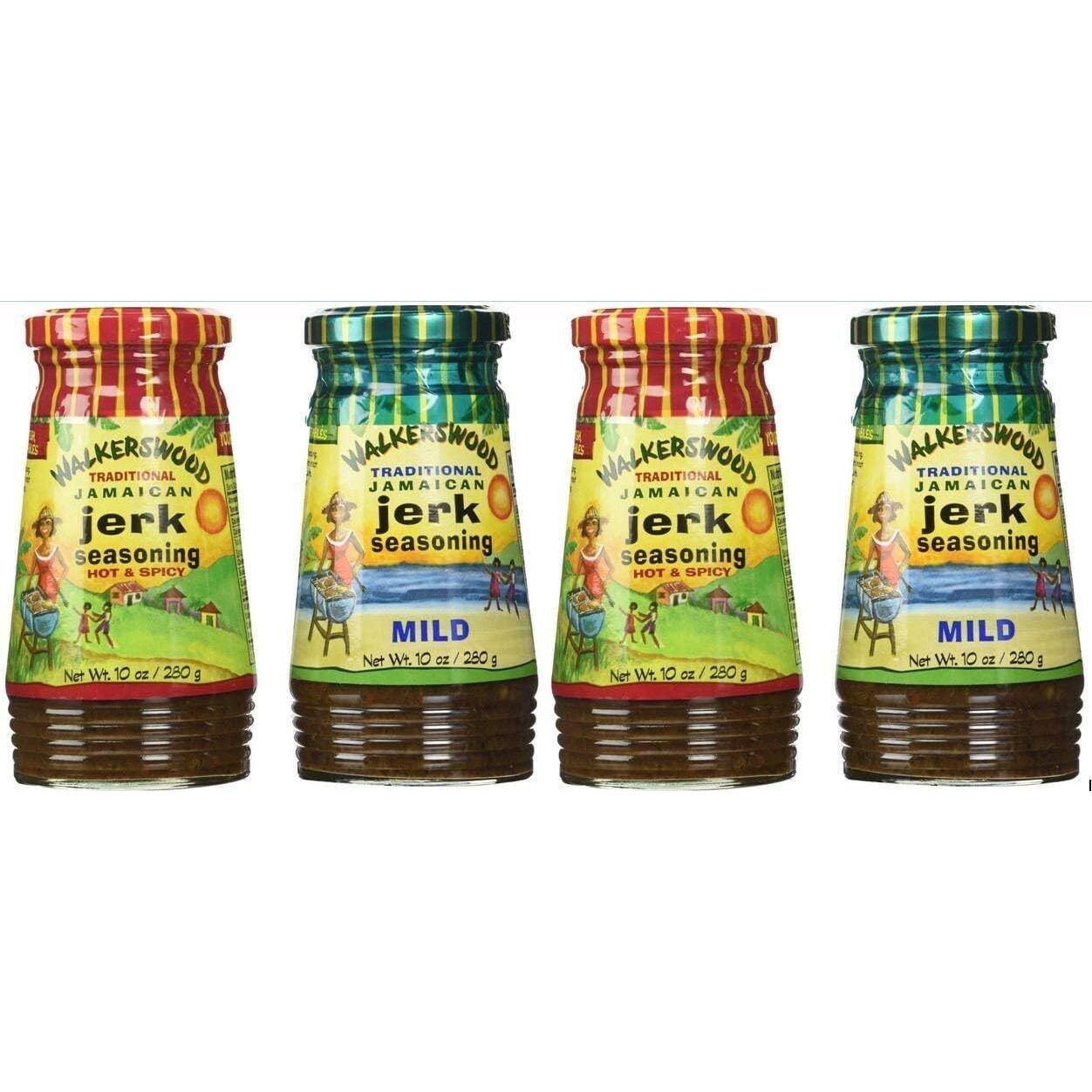 Walkerswood Variety Jerk Seasoning Four Pack - 2 Bottles Each of Hot & Mild, 10 Ounce (Pack of 4)