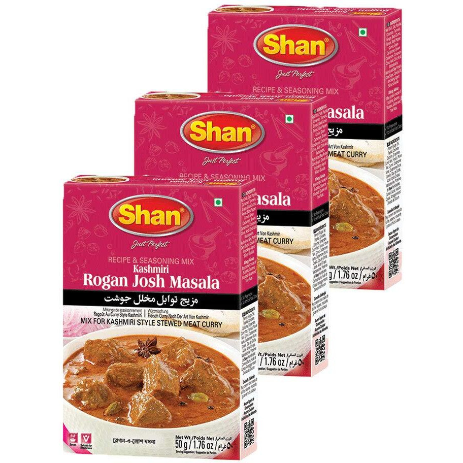 Shan Kashmiri Rogan Josh Recipe and Seasoning Mix 1.76 oz (50g) - Spice Powder for Kashmiri Style Stewed Meat Curry - Suitable for Vegetarians - Airtight Bag in a Box (Pack of 3)