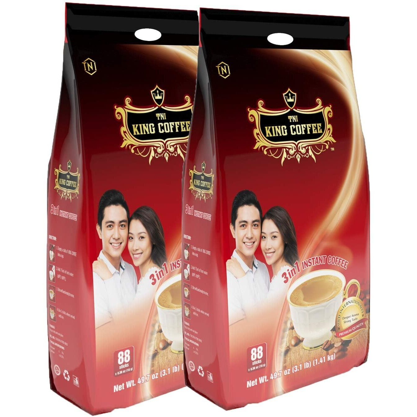 King Coffee Instant Coffee 3in1 Sugar, Non-dairy creamer & Coffee Mix Bag 88 sticks x 16g Vietnamese Coffee - Pack of 2