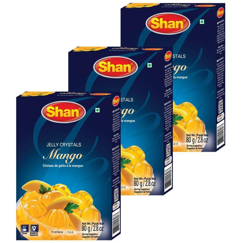 Shan Jelly Crystals Mango 2.82 oz (80g) - Cristaux De Gelee a la mangue - Quick and Easy Jello - Suitable for Vegetarians - Airtight Bag in a Box (Pack of 3)